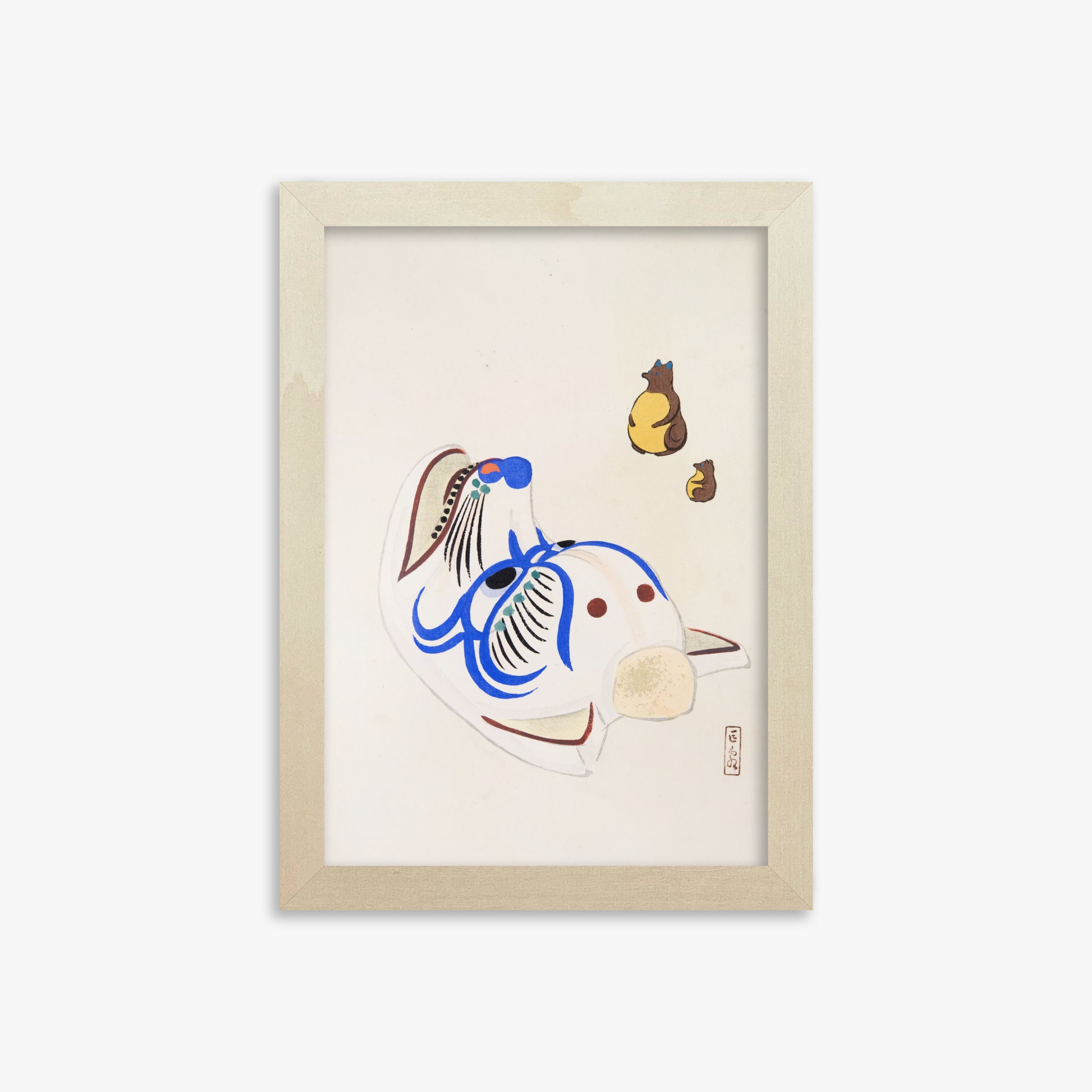 Kawasaki Kyosen: Kyosen’s Collected Illustrations of Japanese Toys Nr. 33 ("Masquerade & Cubs"), 21x30cm Framed Art Reproduction With Lime Wood Frame