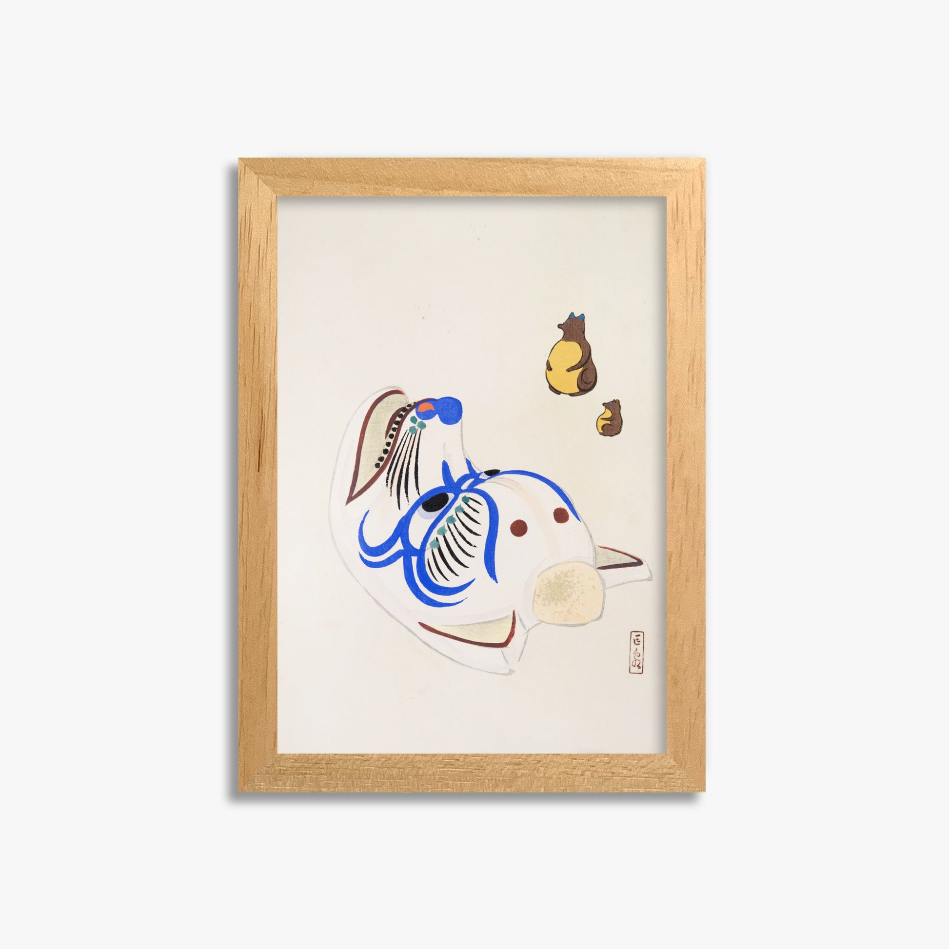 Kawasaki Kyosen: Kyosen’s Collected Illustrations of Japanese Toys Nr. 33 ("Masquerade & Cubs"), 21x30cm Framed Art Reproduction With Oak Frame