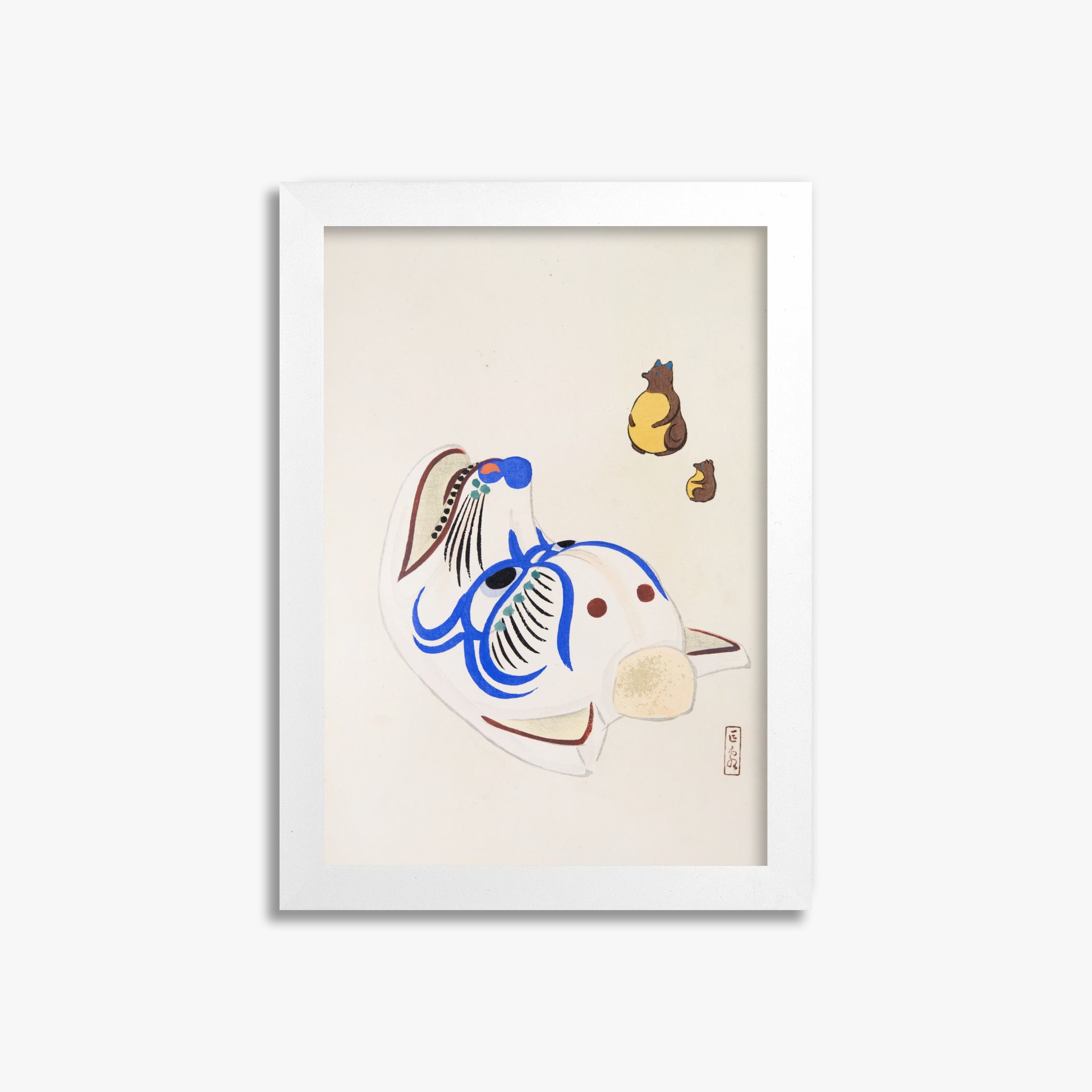 Kawasaki Kyosen: Kyosen’s Collected Illustrations of Japanese Toys Nr. 33 ("Masquerade & Cubs"), 21x30cm Framed Art Reproduction With White Frame