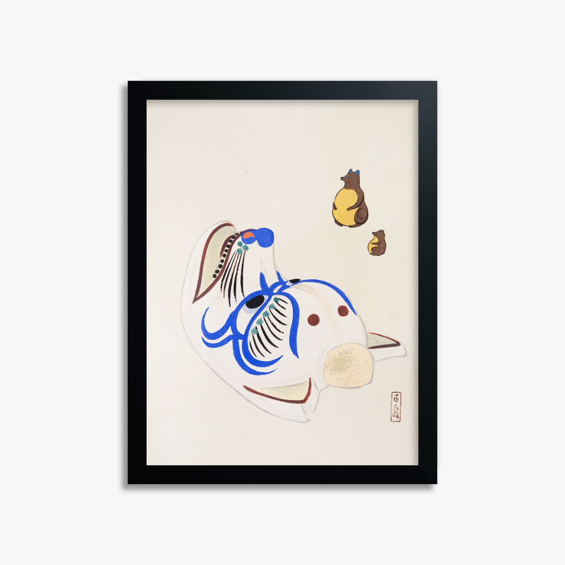 Kawasaki Kyosen: Kyosen’s Collected Illustrations of Japanese Toys Nr. 33 ("Masquerade & Cubs"), 30x40cm Framed Art Reproduction With Black Frame