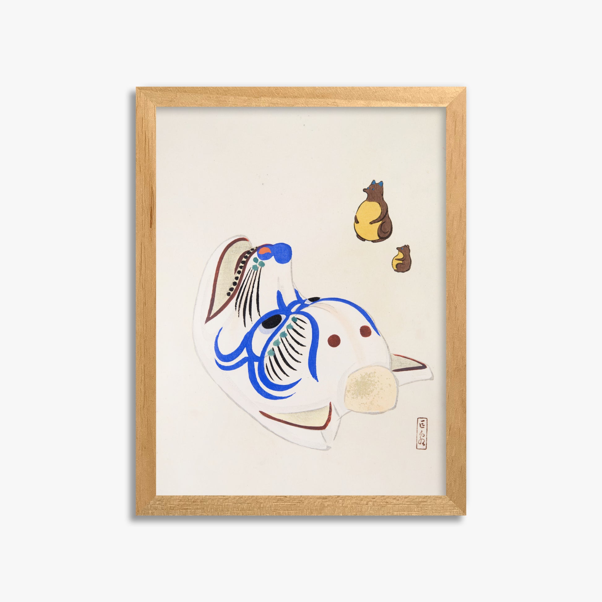 Kawasaki Kyosen: Kyosen’s Collected Illustrations of Japanese Toys Nr. 33 ("Masquerade & Cubs"), 30x40cm Framed Art Reproduction With Oak Frame