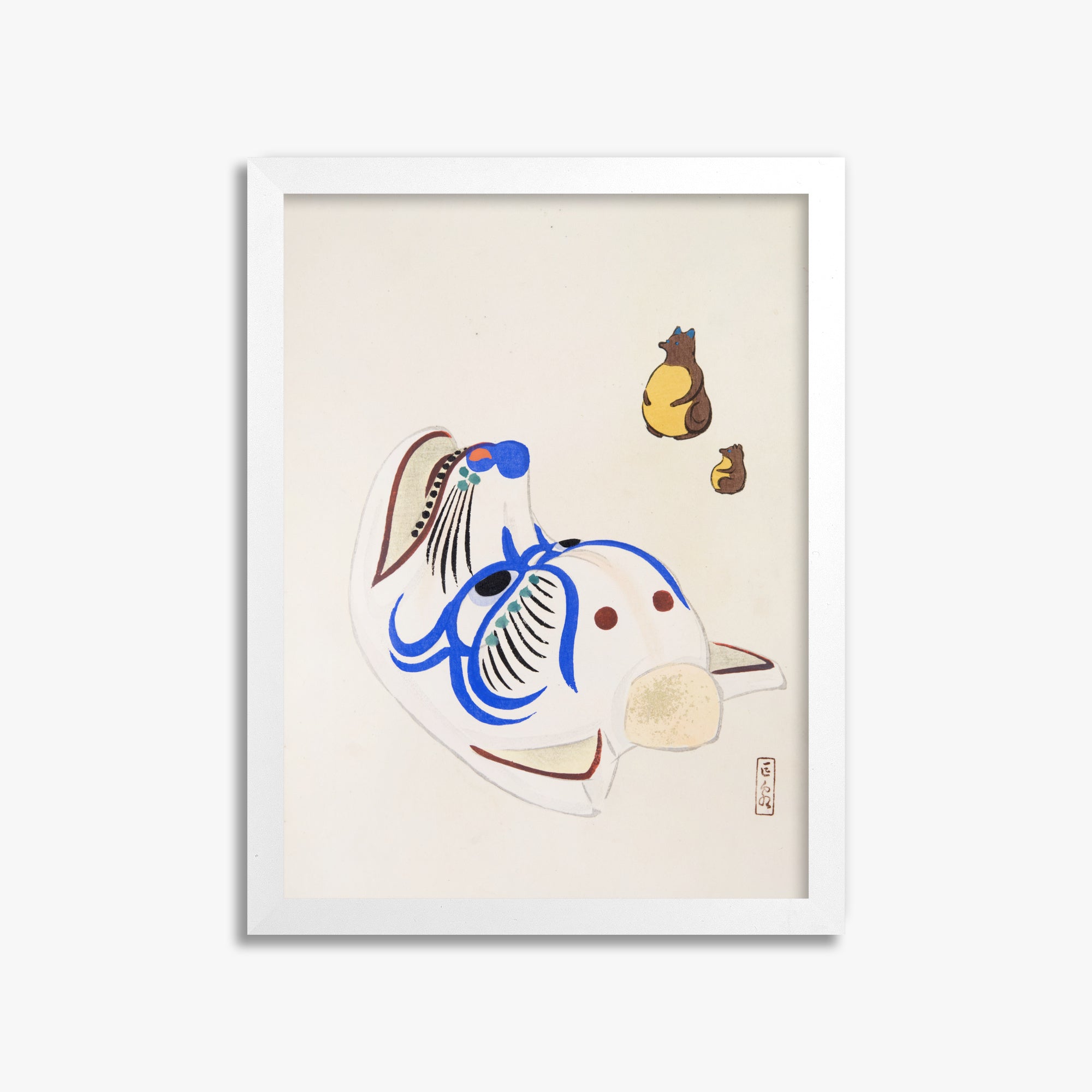 Kawasaki Kyosen: Kyosen’s Collected Illustrations of Japanese Toys Nr. 33 ("Masquerade & Cubs"), 30x40cm Framed Art Reproduction With White Frame