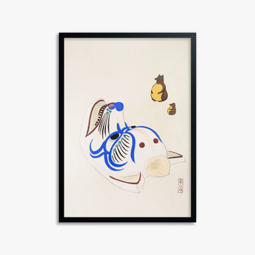 Kawasaki Kyosen: Kyosen’s Collected Illustrations of Japanese Toys Nr. 33 ("Masquerade & Cubs"), 50x70cm Framed Art Reproduction With Black Frame