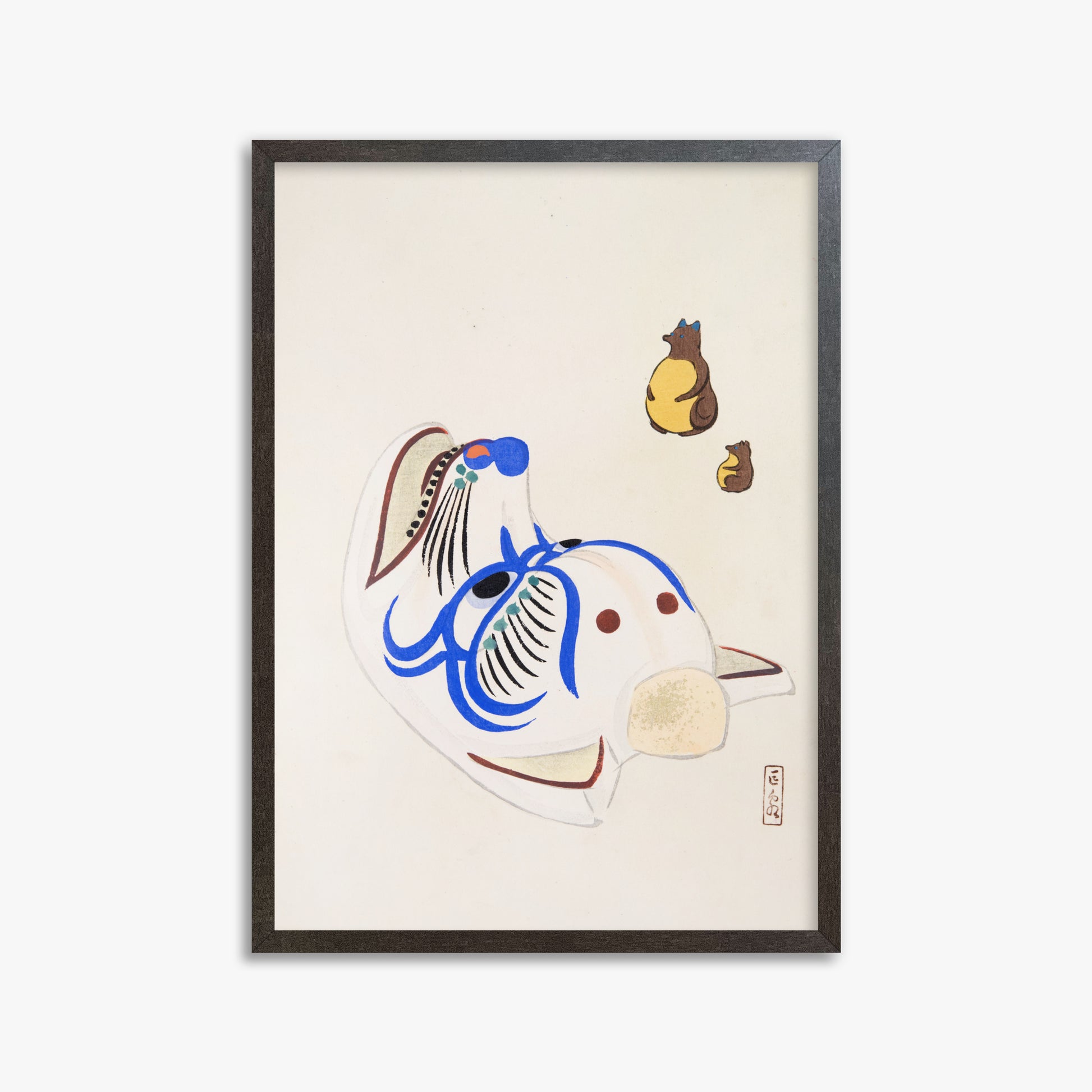 Kawasaki Kyosen: Kyosen’s Collected Illustrations of Japanese Toys Nr. 33 ("Masquerade & Cubs"), 50x70cm Framed Art Reproduction With Espresso Frame
