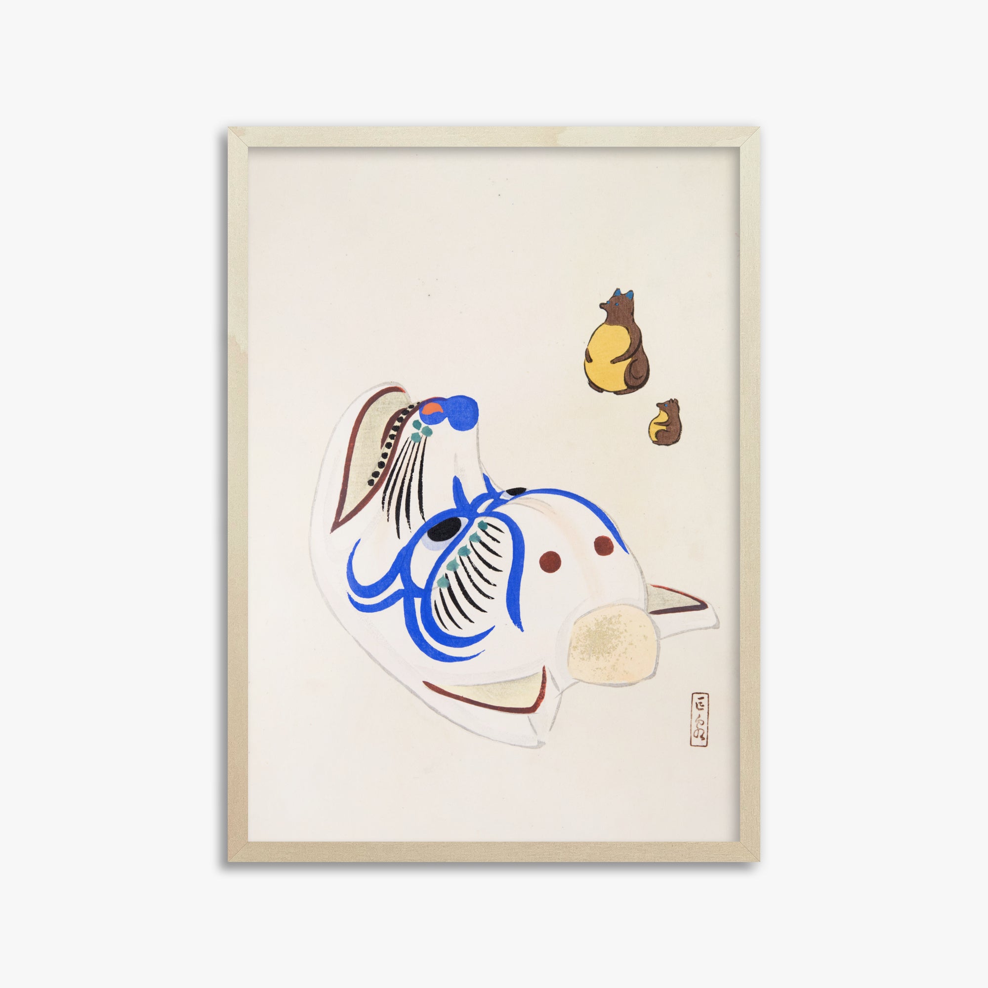 Kawasaki Kyosen: Kyosen’s Collected Illustrations of Japanese Toys Nr. 33 ("Masquerade & Cubs"), 50x70cm Framed Art Reproduction With Lime Wood Frame