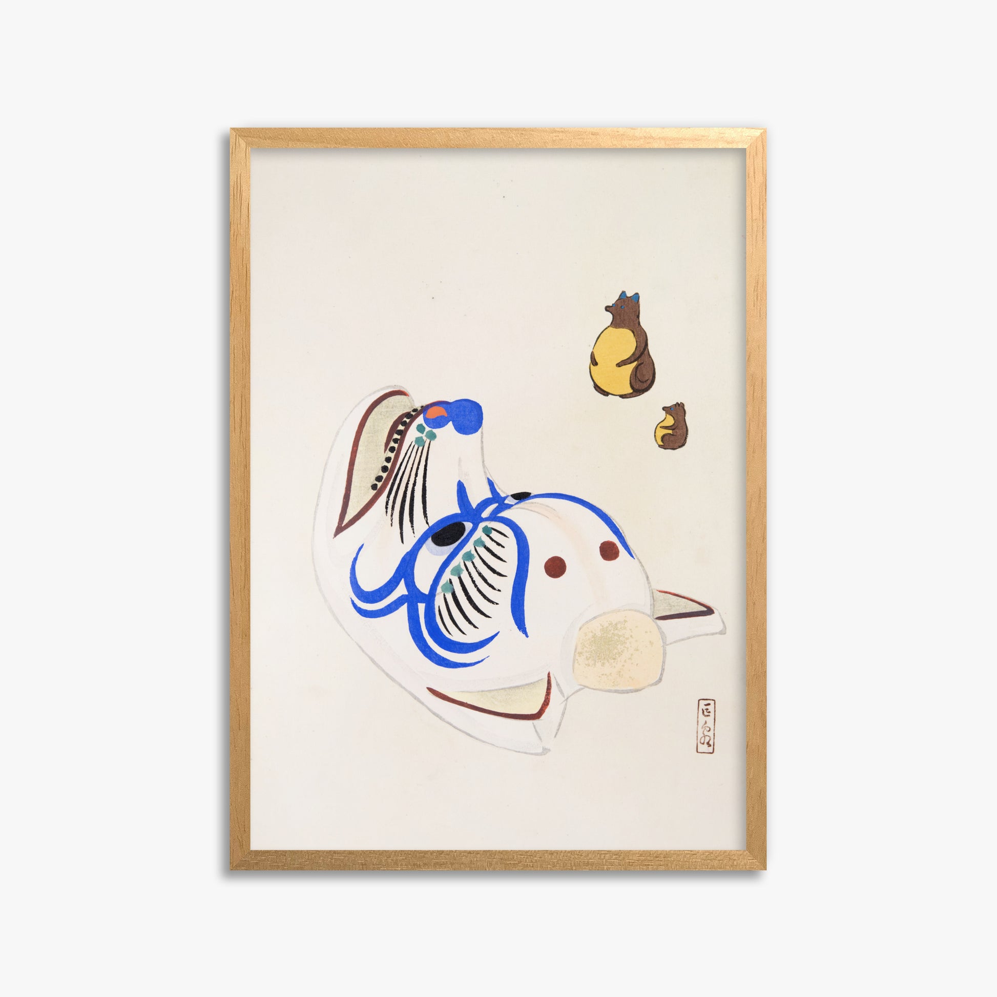 Kawasaki Kyosen: Kyosen’s Collected Illustrations of Japanese Toys Nr. 33 ("Masquerade & Cubs"), 50x70cm Framed Art Reproduction With Oak Frame