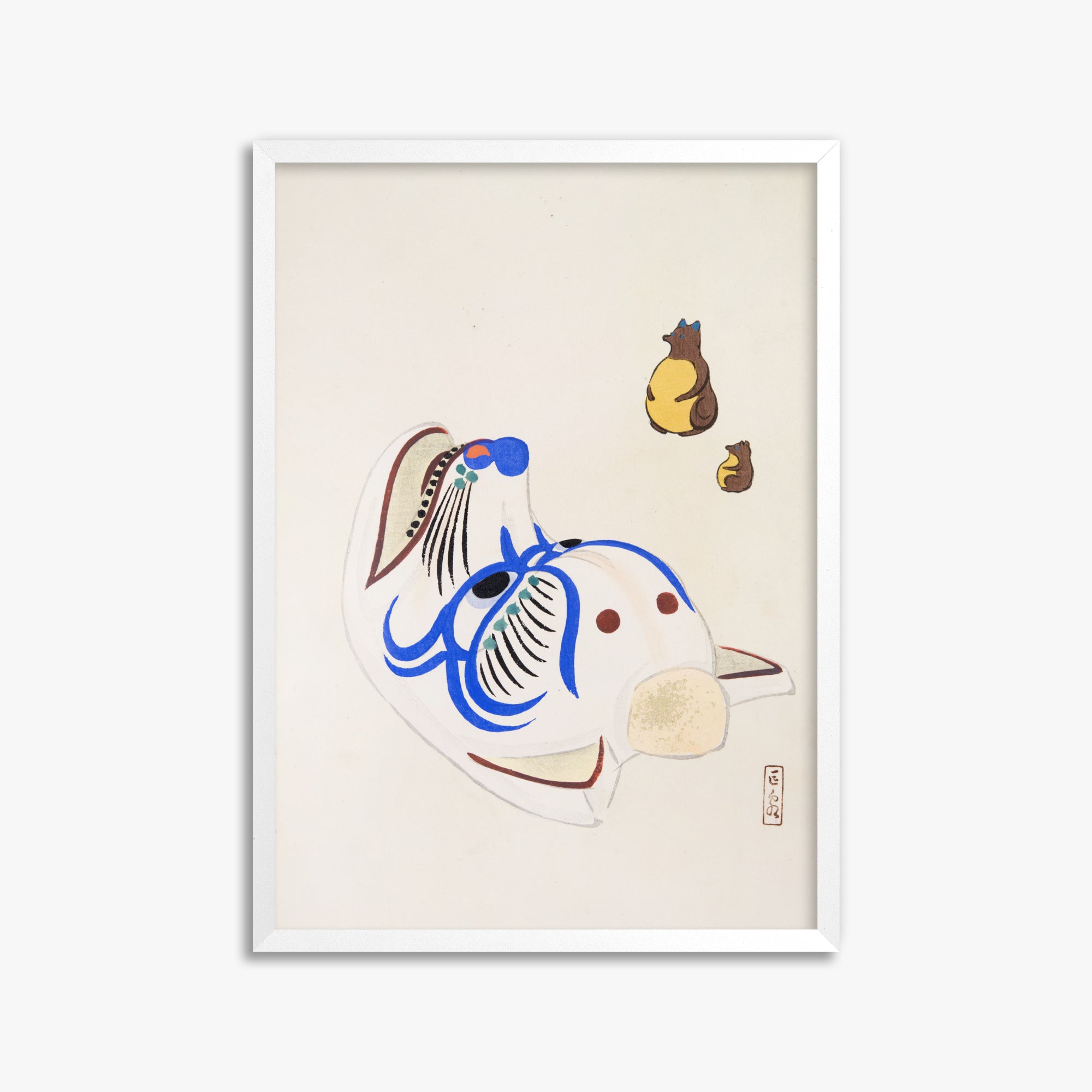 Kawasaki Kyosen: Kyosen’s Collected Illustrations of Japanese Toys Nr. 33 ("Masquerade & Cubs"), 50x70cm Framed Art Reproduction With White Frame