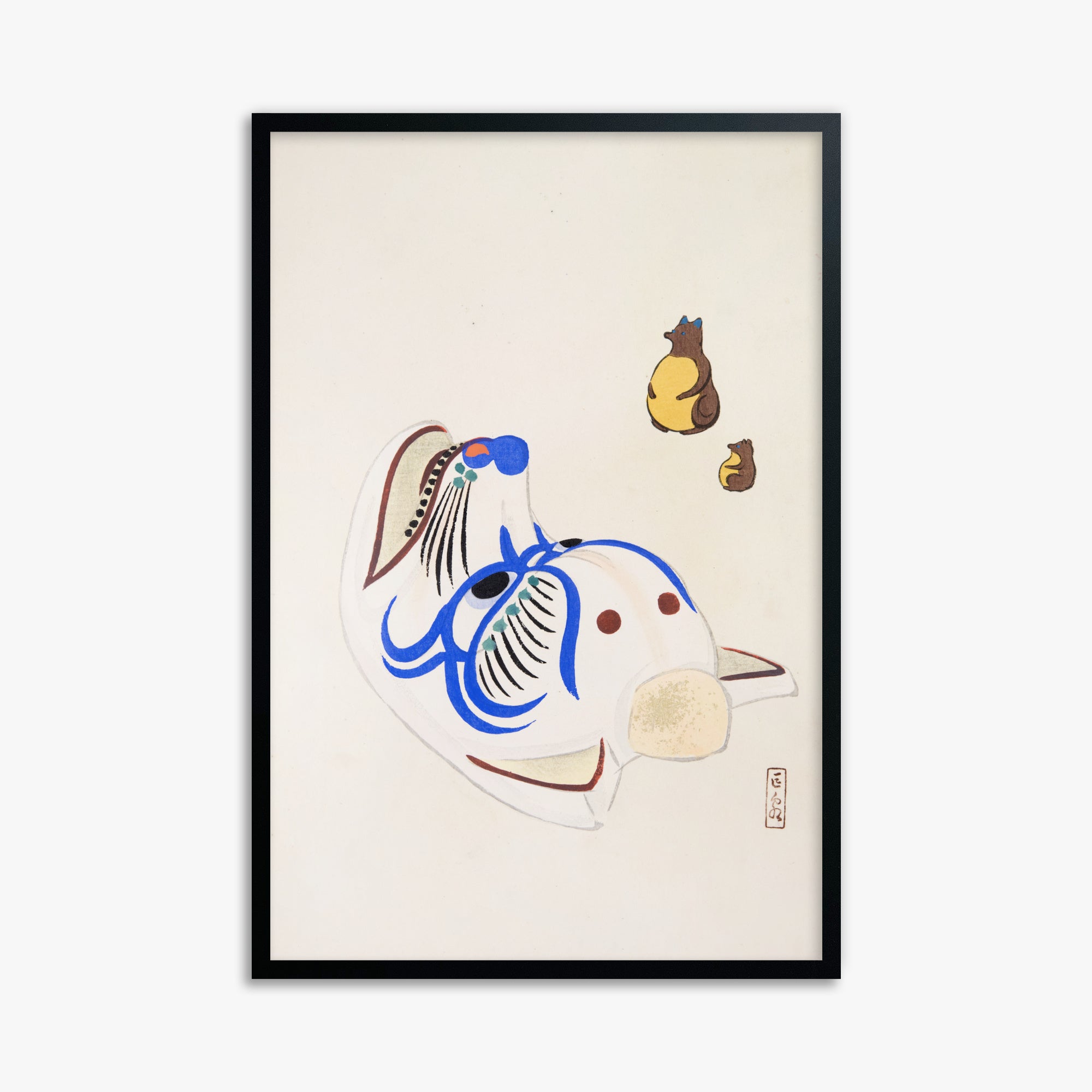 Kawasaki Kyosen: Kyosen’s Collected Illustrations of Japanese Toys Nr. 33 ("Masquerade & Cubs"), 61x91cm Framed Art Reproduction With Black Frame