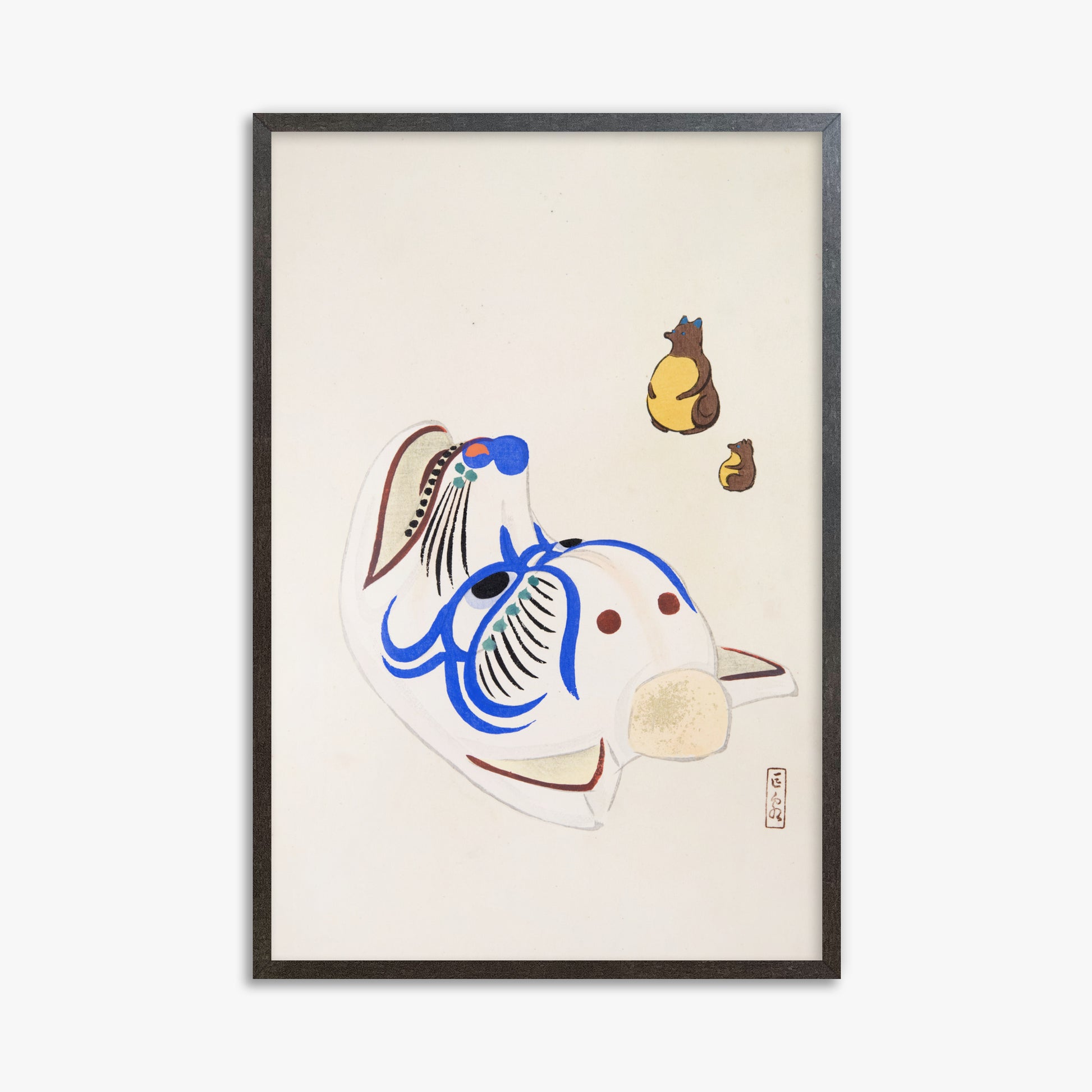 Kawasaki Kyosen: Kyosen’s Collected Illustrations of Japanese Toys Nr. 33 ("Masquerade & Cubs"), 61x91cm Framed Art Reproduction With Espresso Frame
