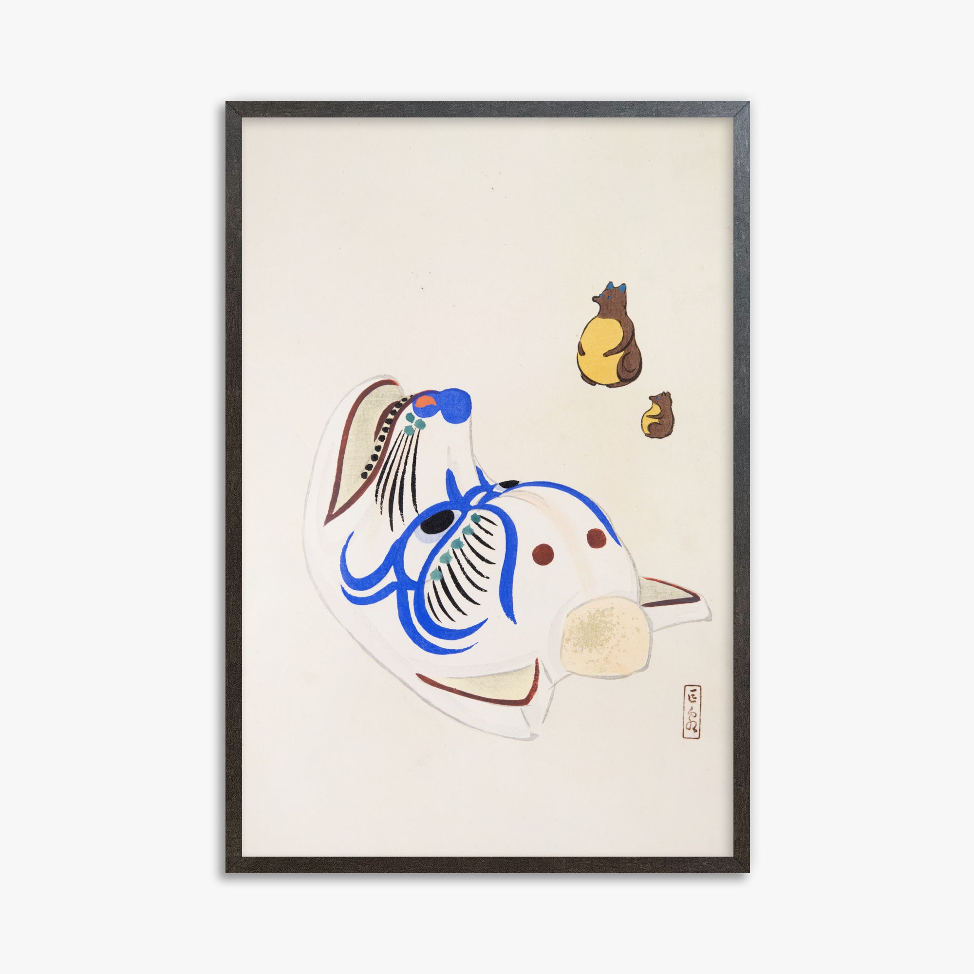 Kawasaki Kyosen: Kyosen’s Collected Illustrations of Japanese Toys Nr. 33 ("Masquerade & Cubs"), 61x91cm Framed Art Reproduction With Espresso Frame