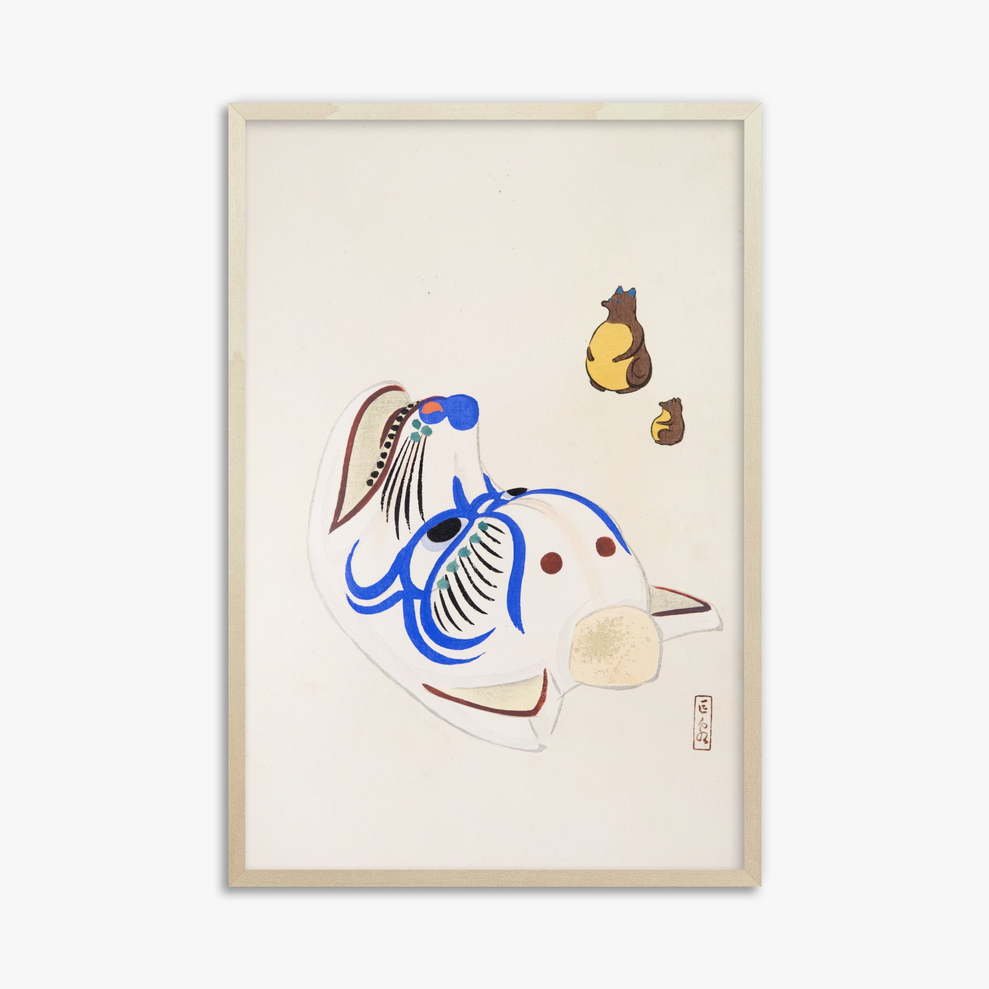 Kawasaki Kyosen: Kyosen’s Collected Illustrations of Japanese Toys Nr. 33 ("Masquerade & Cubs"), 61x91cm Framed Art Reproduction With Lime Wood Frame