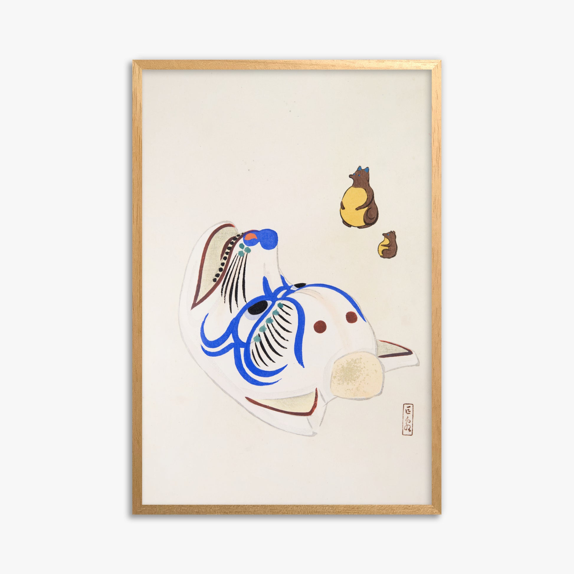 Kawasaki Kyosen: Kyosen’s Collected Illustrations of Japanese Toys Nr. 33 ("Masquerade & Cubs"), 61x91cm Framed Art Reproduction With Oak Frame