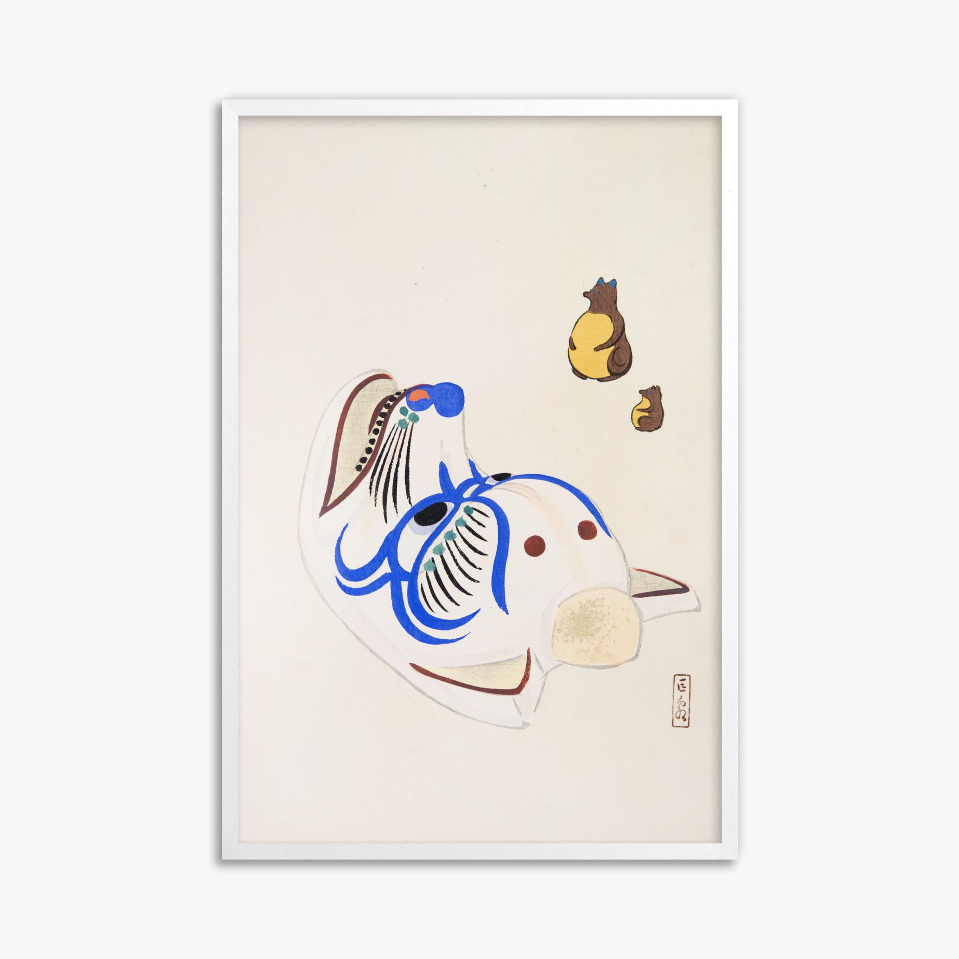 Kawasaki Kyosen: Kyosen’s Collected Illustrations of Japanese Toys Nr. 33 ("Masquerade & Cubs"), 61x91cm Framed Art Reproduction With White Frame