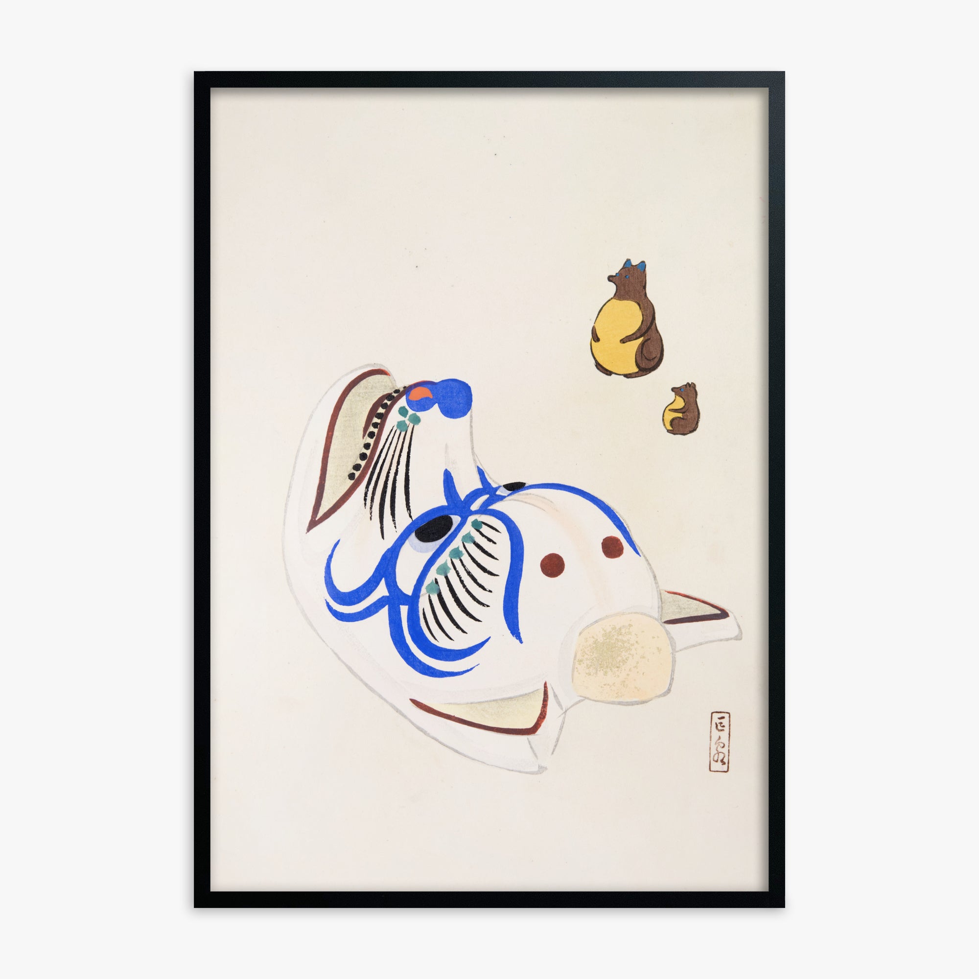Kawasaki Kyosen: Kyosen’s Collected Illustrations of Japanese Toys Nr. 33 ("Masquerade & Cubs"), Black Framed Art Reproduction With Black Frame
