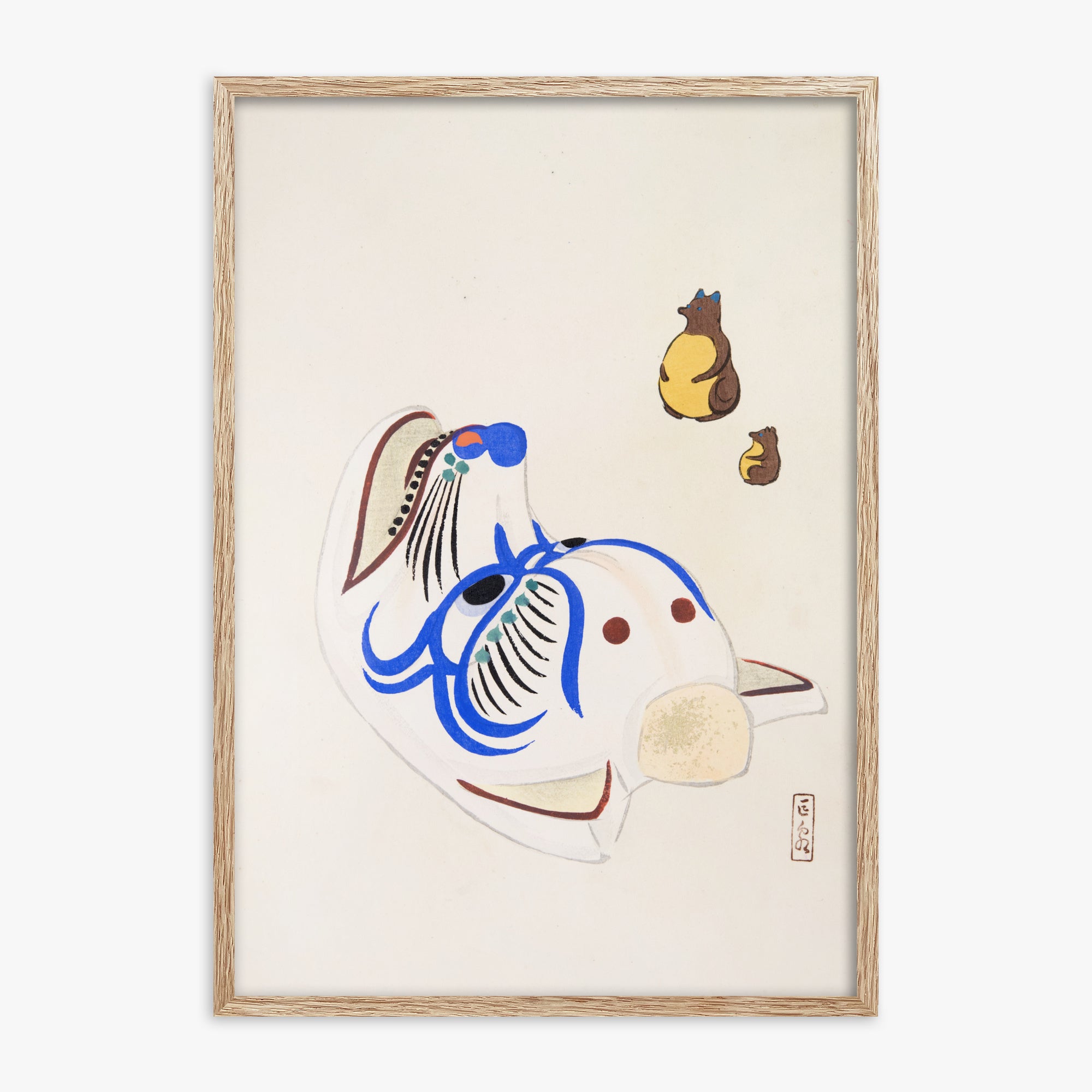 Kawasaki Kyosen: Kyosen’s Collected Illustrations of Japanese Toys Nr. 33 ("Masquerade & Cubs"), 70x100cm Framed Art Reproduction With Raw Oak Frame