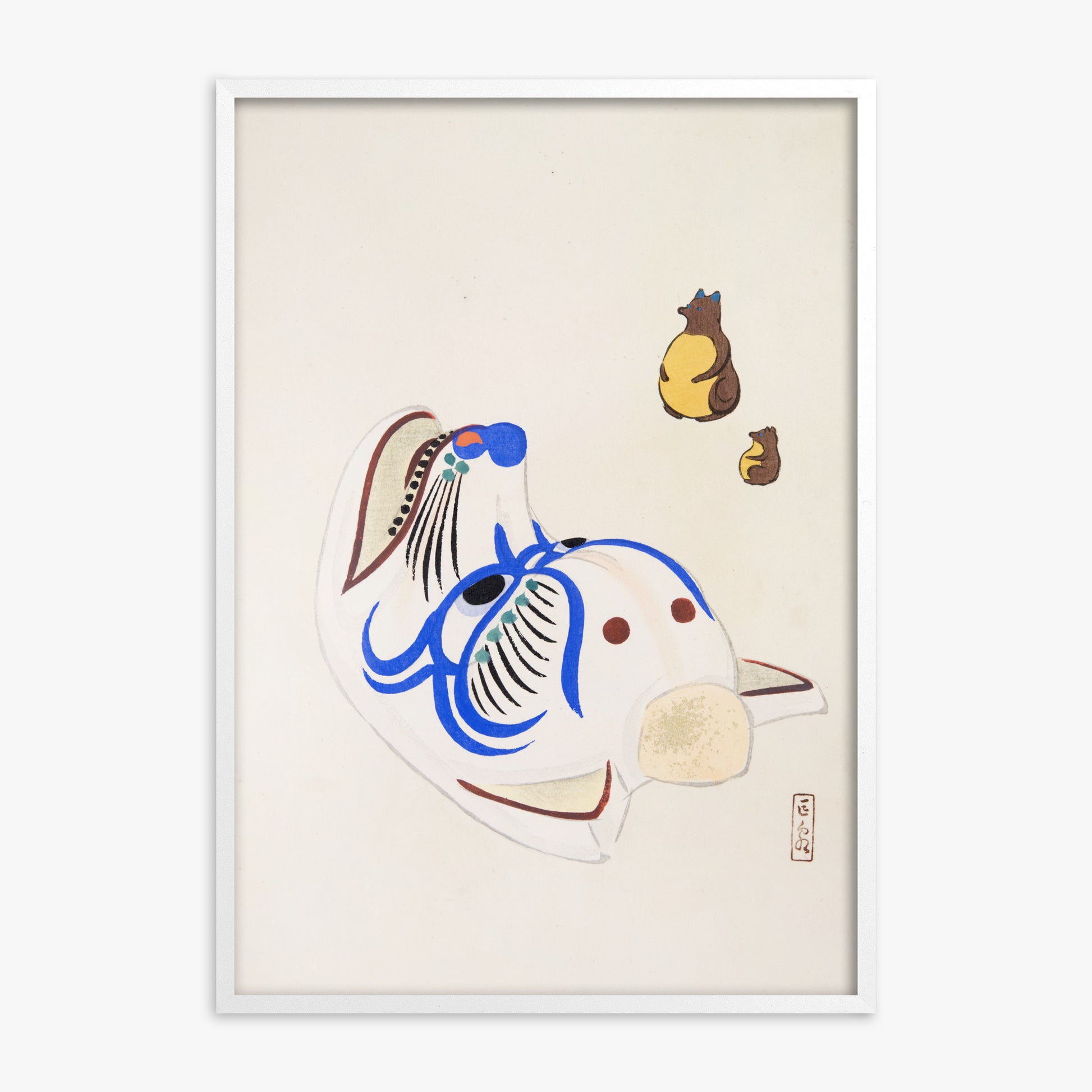 Kawasaki Kyosen: Kyosen’s Collected Illustrations of Japanese Toys Nr. 33 ("Masquerade & Cubs"), White Framed Art Reproduction With White Frame