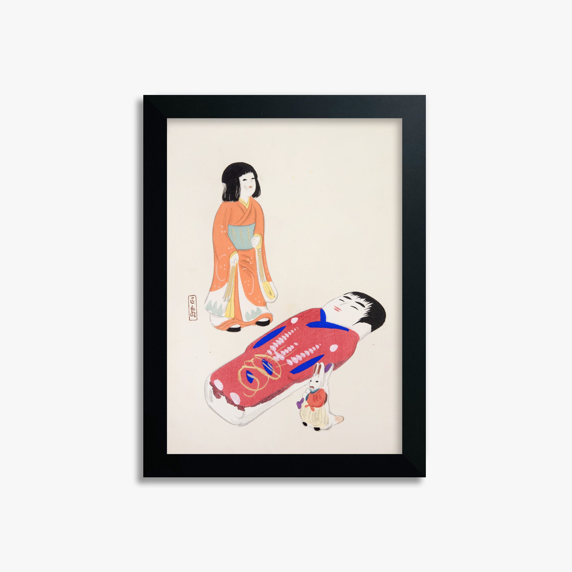 Kawasaki Kyosen: Kyosen’s Collected Illustrations of Japanese Toys Nr. 34 ("Traditional Japanese Dolls"), 21x30cm Framed Art Reproduction With Black Frame