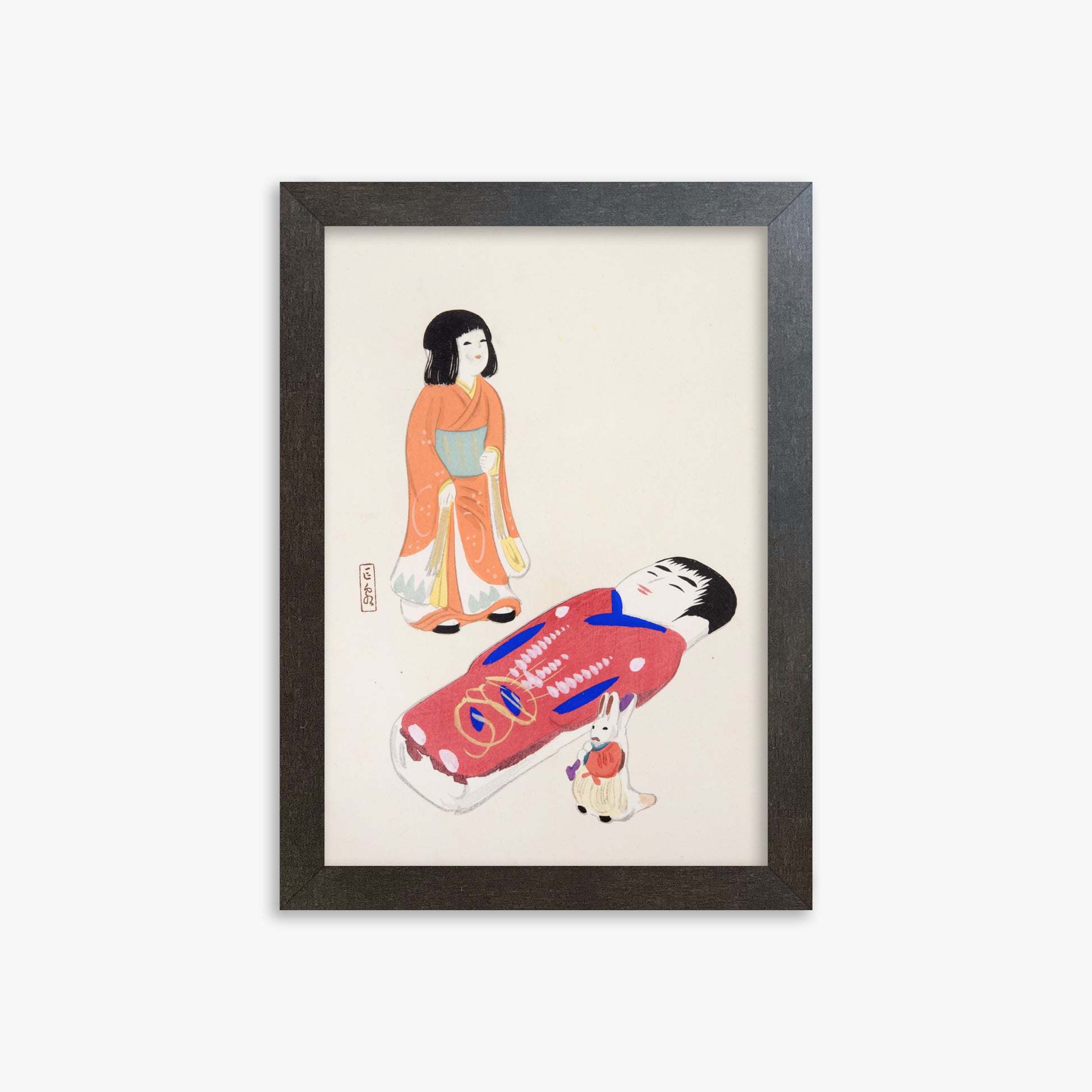 Kawasaki Kyosen: Kyosen’s Collected Illustrations of Japanese Toys Nr. 34 ("Traditional Japanese Dolls"), 21x30cm Framed Art Reproduction With Espresso Frame