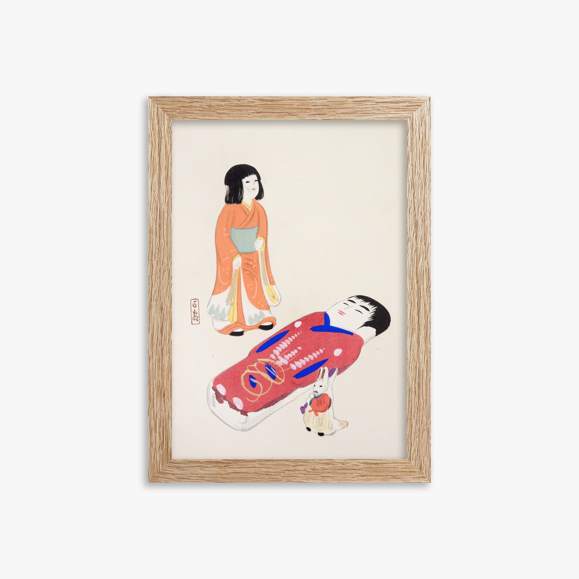 Kawasaki Kyosen: Kyosen’s Collected Illustrations of Japanese Toys Nr. 34 ("Traditional Japanese Dolls"), 21x30cm Framed Art Reproduction With Raw Oak Frame
