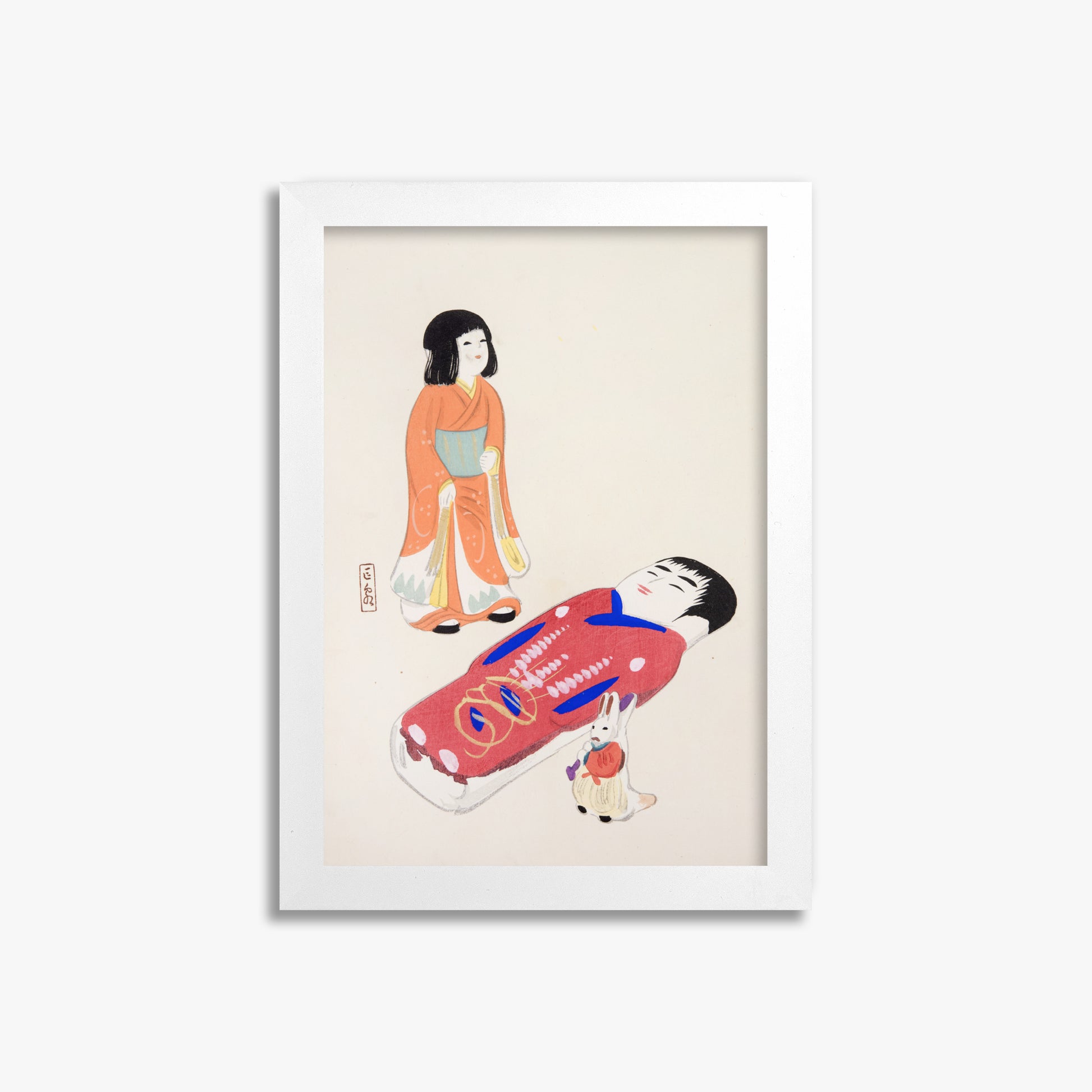 Kawasaki Kyosen: Kyosen’s Collected Illustrations of Japanese Toys Nr. 34 ("Traditional Japanese Dolls"), 21x30cm Framed Art Reproduction With White Frame