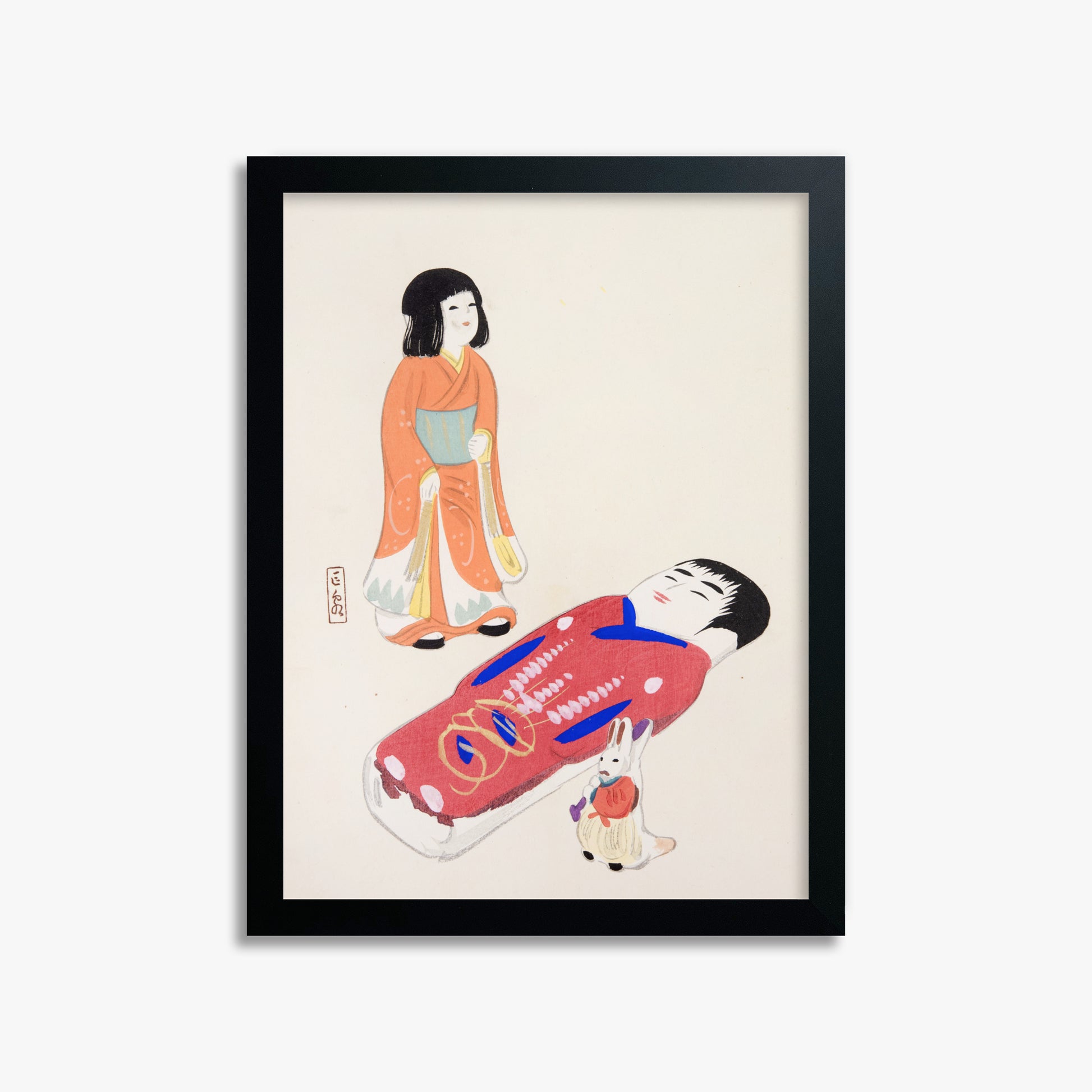 Kawasaki Kyosen: Kyosen’s Collected Illustrations of Japanese Toys Nr. 34 ("Traditional Japanese Dolls"), 30x40cm Framed Art Reproduction With Black Frame