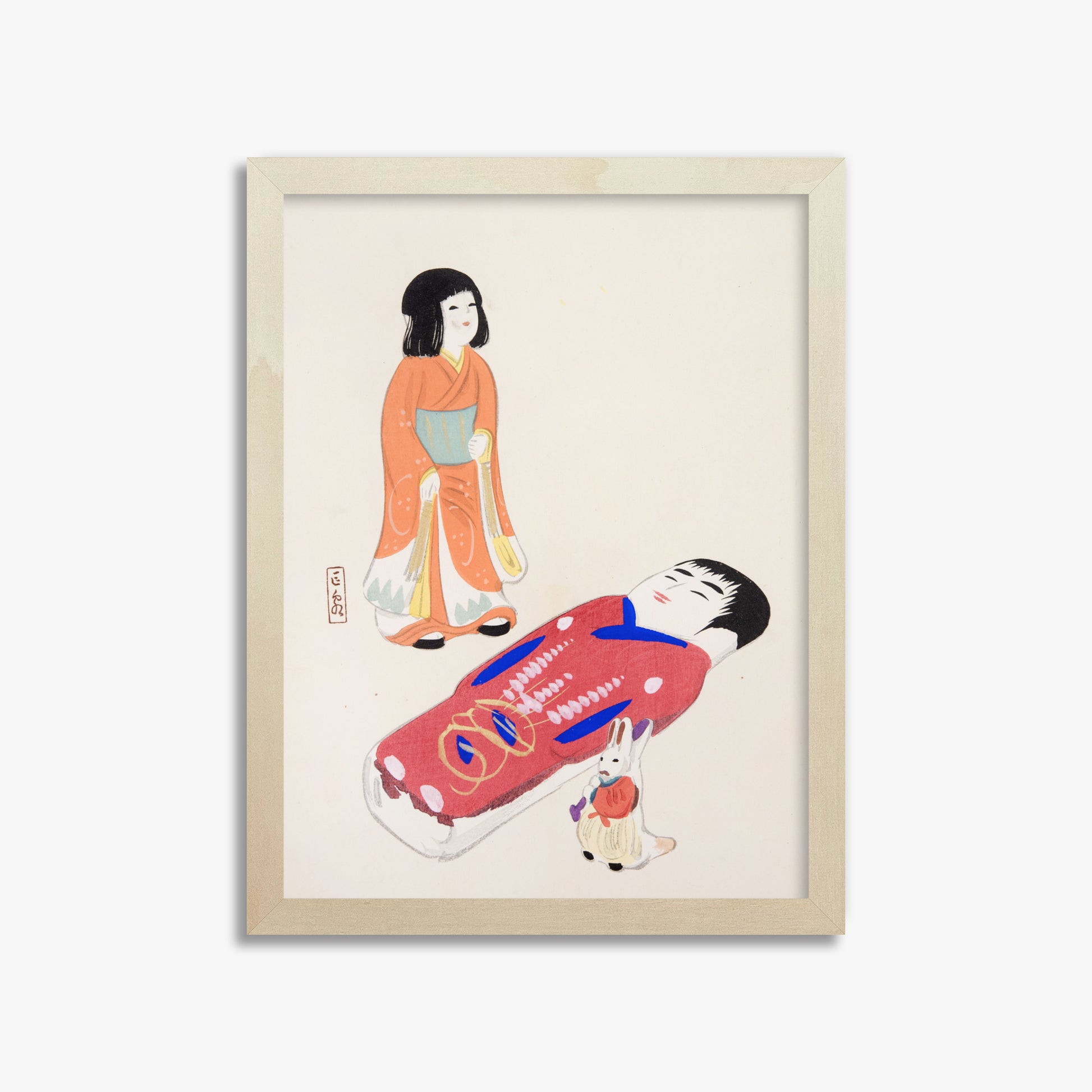 Kawasaki Kyosen: Kyosen’s Collected Illustrations of Japanese Toys Nr. 34 ("Traditional Japanese Dolls"), 30x40cm Framed Art Reproduction With Lime Wood Frame