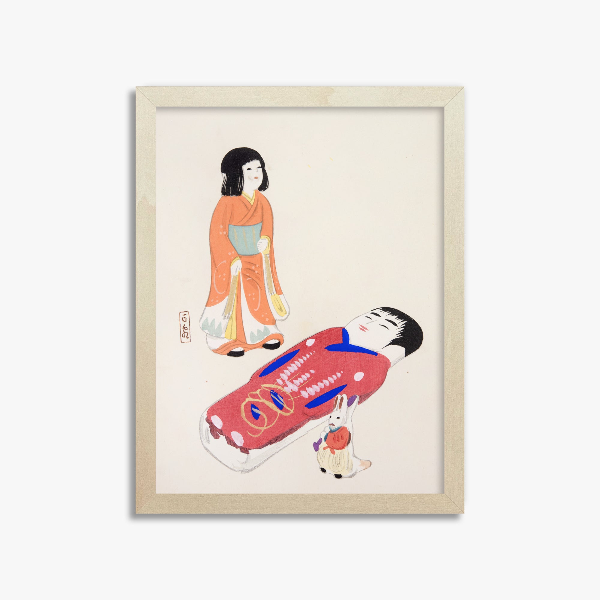 Kawasaki Kyosen: Kyosen’s Collected Illustrations of Japanese Toys Nr. 34 ("Traditional Japanese Dolls"), 30x40cm Framed Art Reproduction With Lime Wood Frame