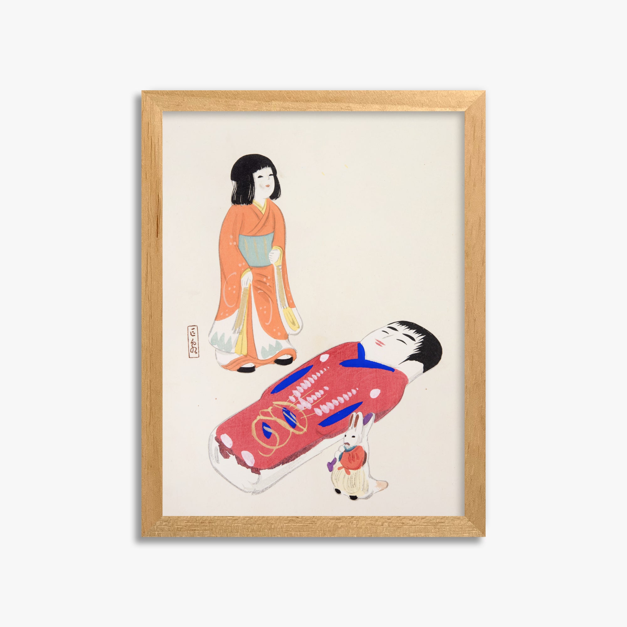 Kawasaki Kyosen: Kyosen’s Collected Illustrations of Japanese Toys Nr. 34 ("Traditional Japanese Dolls"), 30x40cm Framed Art Reproduction With Oak Frame