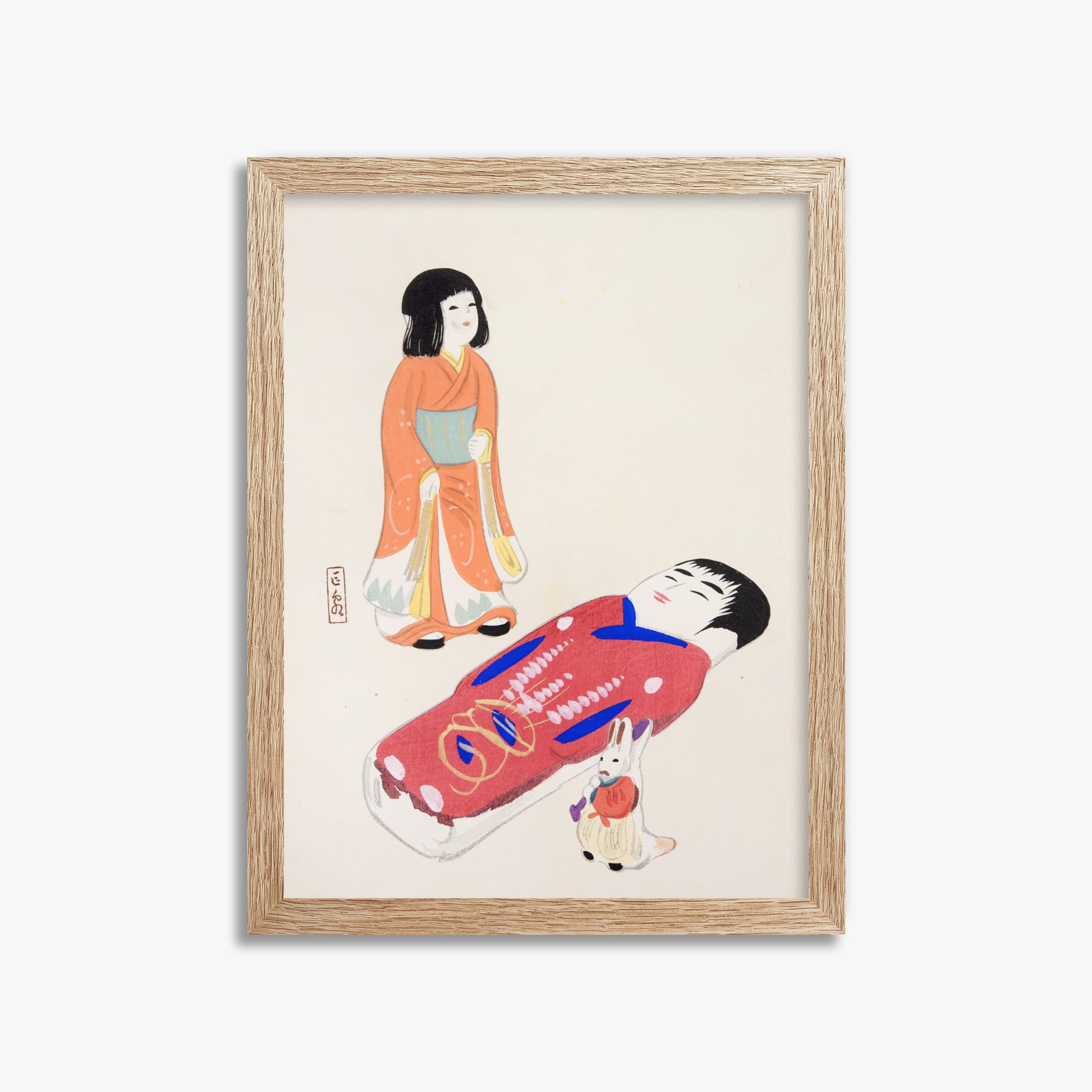Kawasaki Kyosen: Kyosen’s Collected Illustrations of Japanese Toys Nr. 34 ("Traditional Japanese Dolls"), 30x40cm Framed Art Reproduction With Raw Oak Frame