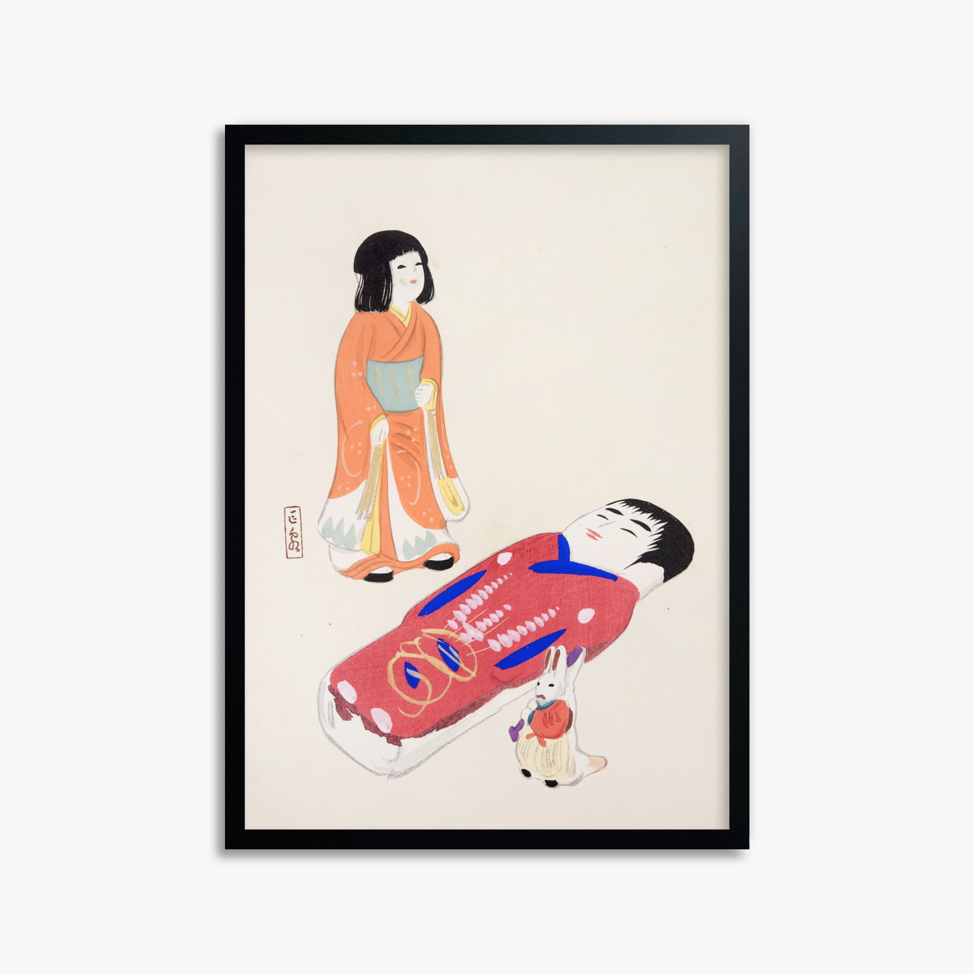Kawasaki Kyosen: Kyosen’s Collected Illustrations of Japanese Toys Nr. 34 ("Traditional Japanese Dolls"), 50x70cm Framed Art Reproduction With Black Frame