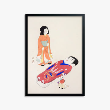 Kawasaki Kyosen: Kyosen’s Collected Illustrations of Japanese Toys Nr. 34 ("Traditional Japanese Dolls"), 50x70cm Framed Art Reproduction With Black Frame