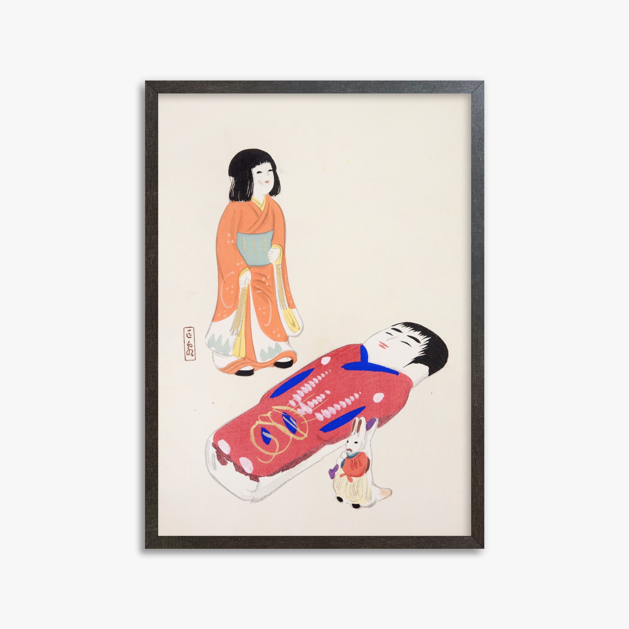Kawasaki Kyosen: Kyosen’s Collected Illustrations of Japanese Toys Nr. 34 ("Traditional Japanese Dolls"), 50x70cm Framed Art Reproduction With Espresso Frame