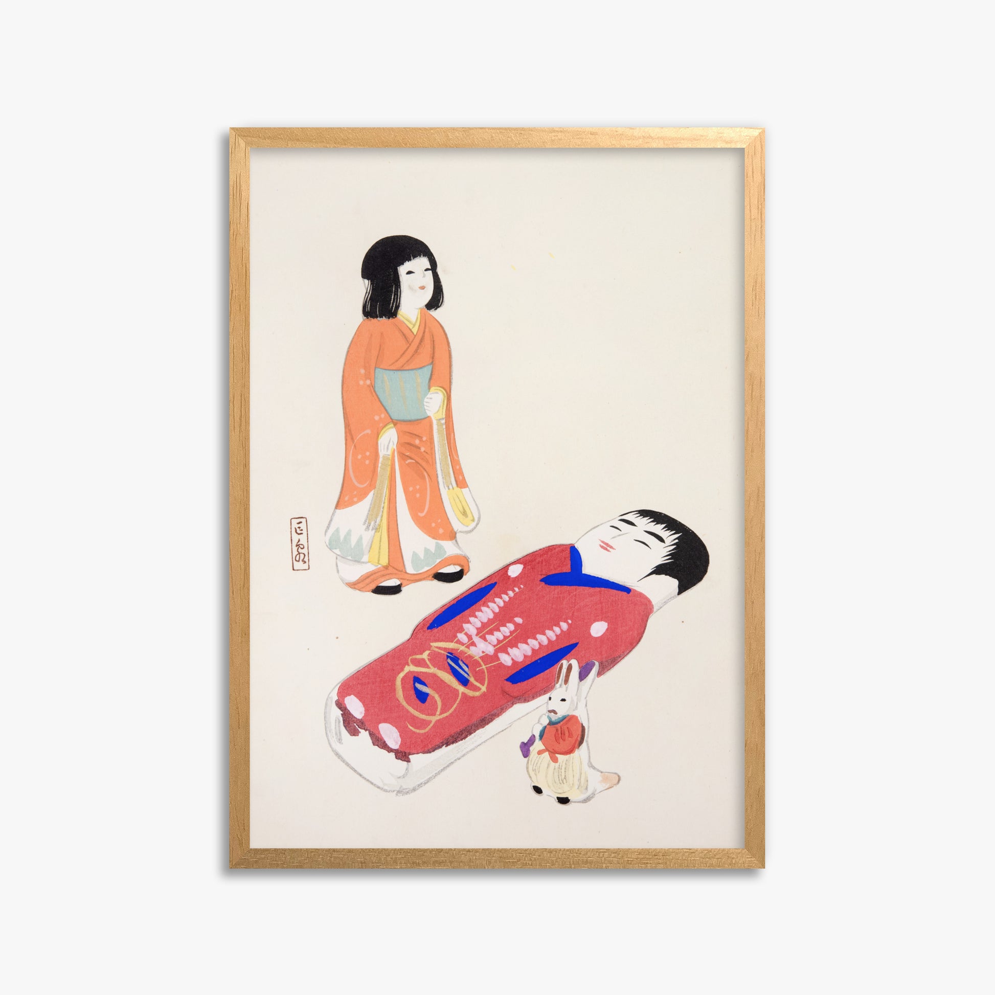 Kawasaki Kyosen: Kyosen’s Collected Illustrations of Japanese Toys Nr. 34 ("Traditional Japanese Dolls"), 50x70cm Framed Art Reproduction With Oak Frame