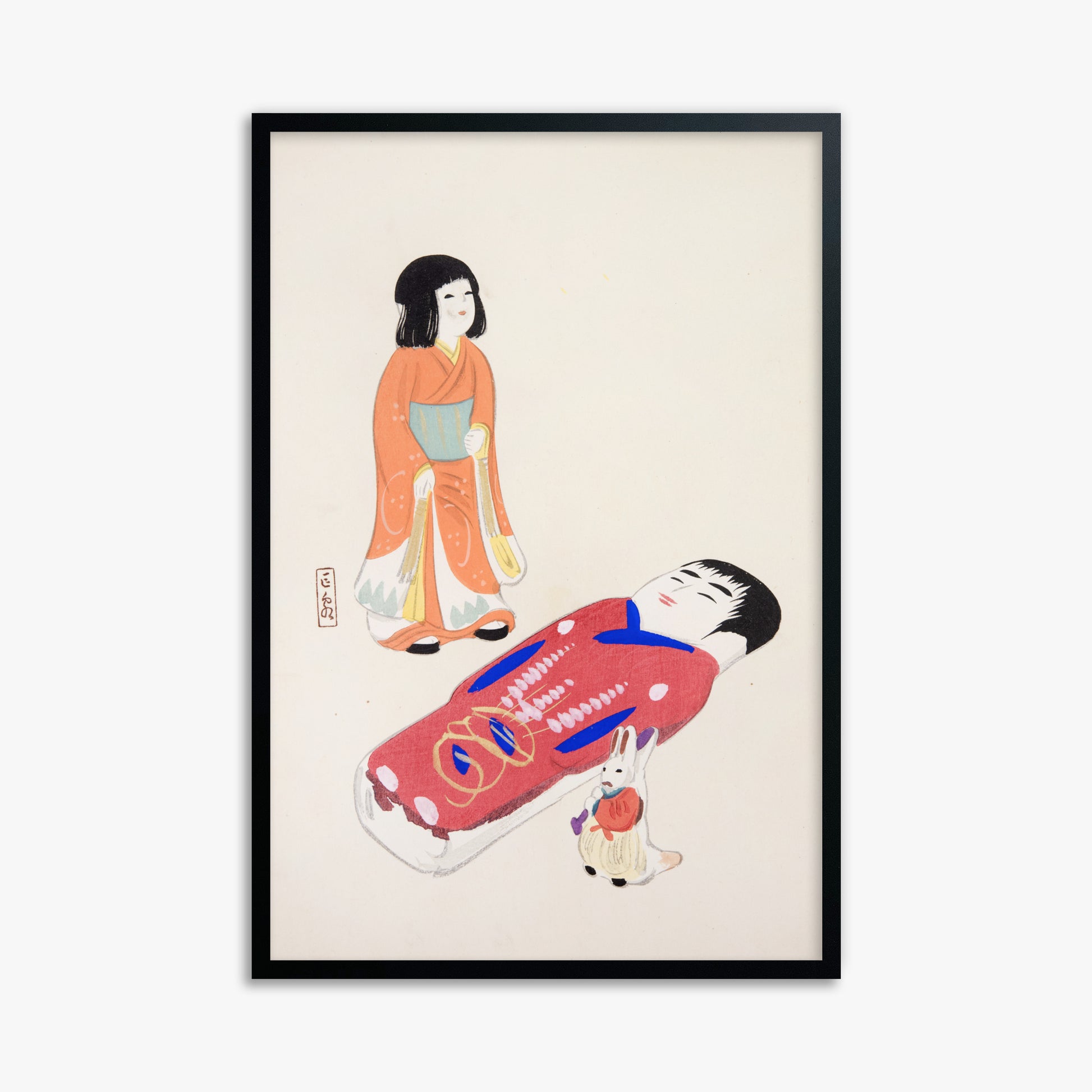 Kawasaki Kyosen: Kyosen’s Collected Illustrations of Japanese Toys Nr. 34 ("Traditional Japanese Dolls"), 61x91cm Framed Art Reproduction With Black Frame