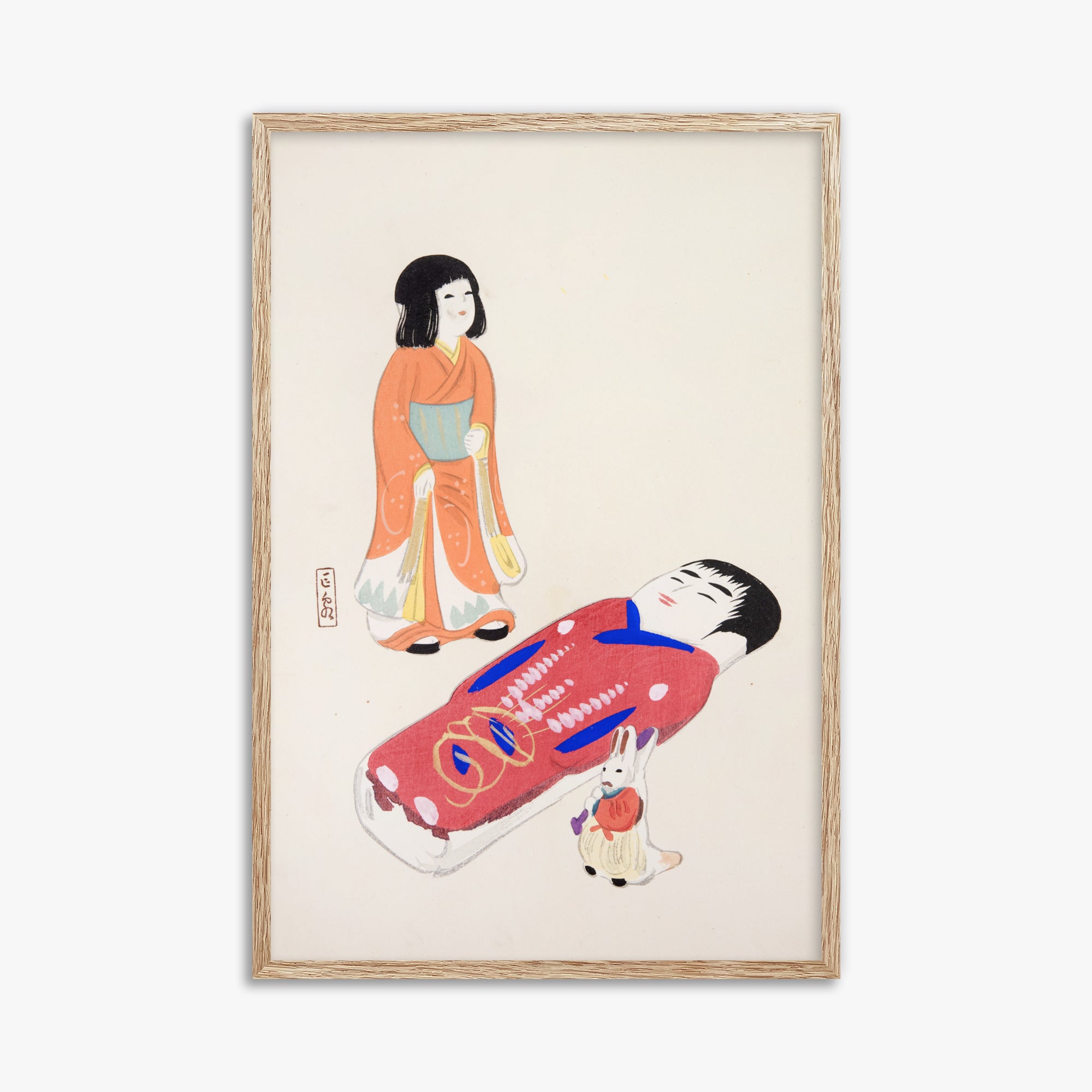 Kawasaki Kyosen: Kyosen’s Collected Illustrations of Japanese Toys Nr. 34 ("Traditional Japanese Dolls"), 61x91cm Framed Art Reproduction With Raw Oak Frame