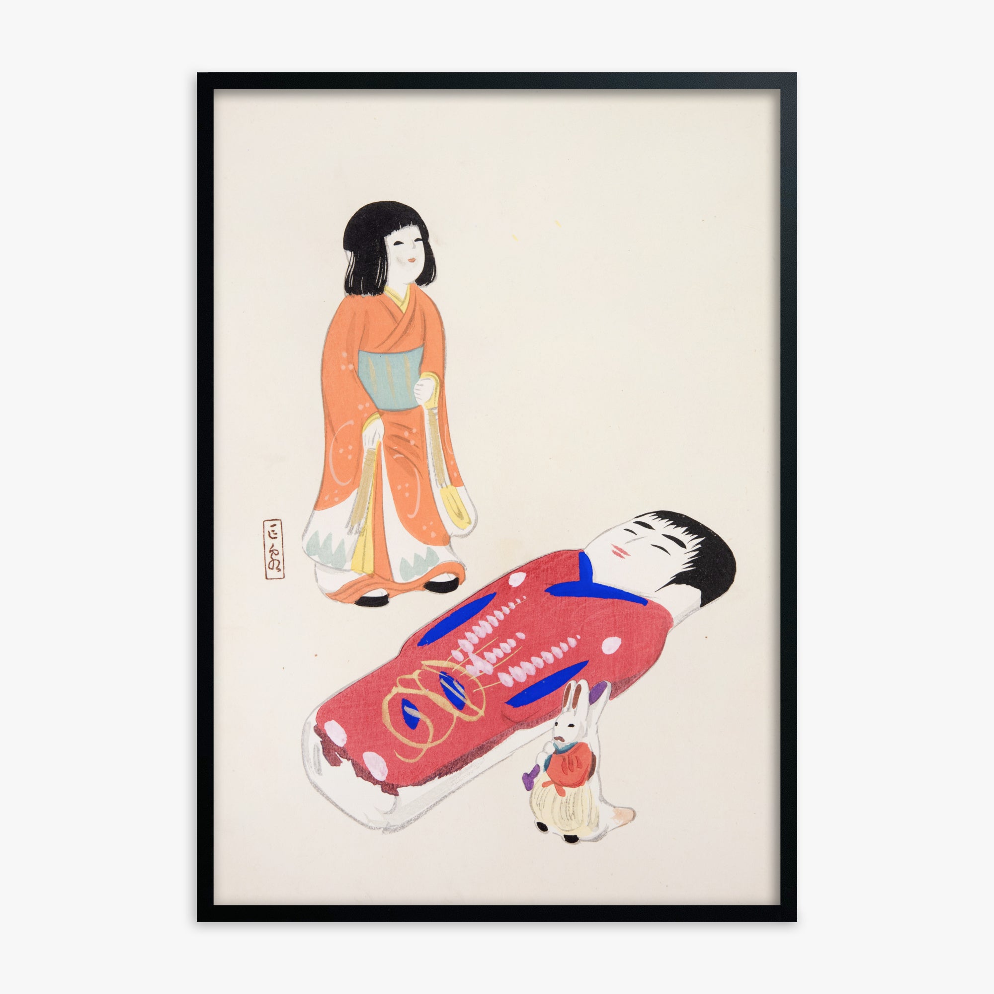 Kawasaki Kyosen: Kyosen’s Collected Illustrations of Japanese Toys Nr. 34 ("Traditional Japanese Dolls"), Black Framed Art Reproduction With Black Frame
