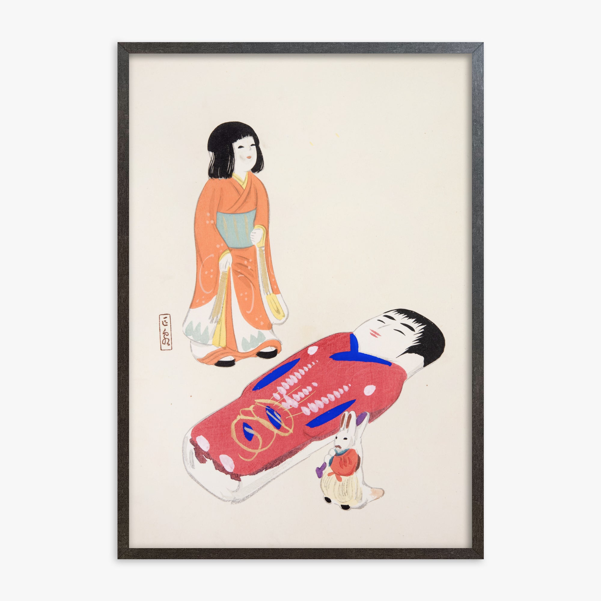 Kawasaki Kyosen: Kyosen’s Collected Illustrations of Japanese Toys Nr. 34 ("Traditional Japanese Dolls"), 70x100cm Framed Art Reproduction With Espresso Frame