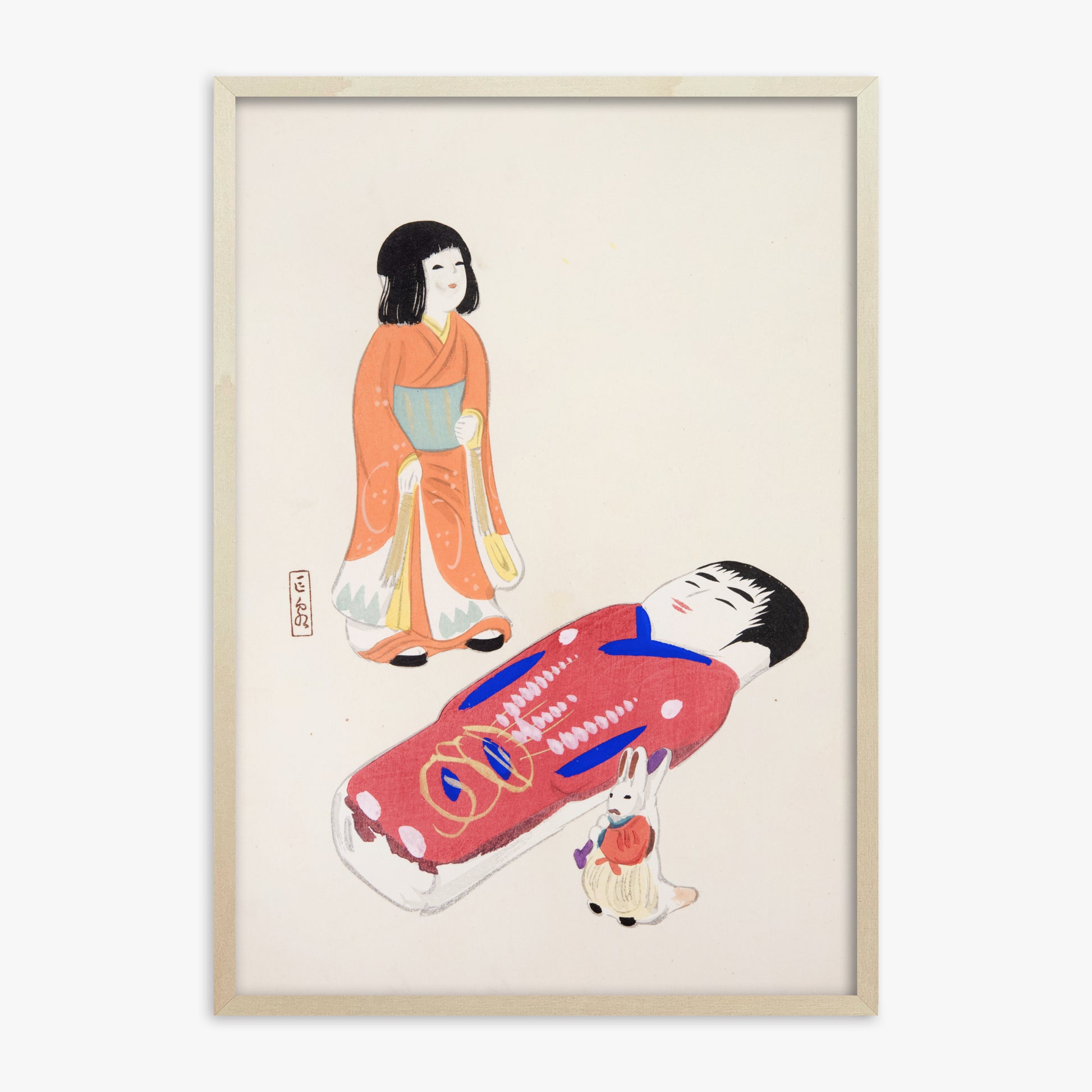 Kawasaki Kyosen: Kyosen’s Collected Illustrations of Japanese Toys Nr. 34 ("Traditional Japanese Dolls"), 70x100cm Framed Art Reproduction With Lime Wood Frame
