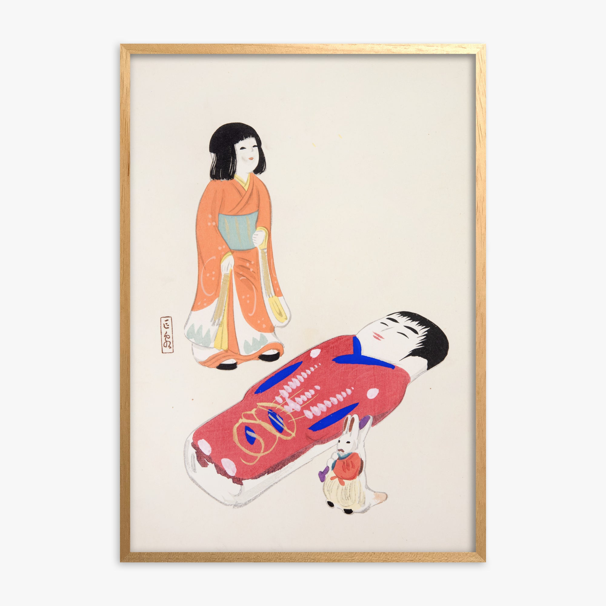 Kawasaki Kyosen: Kyosen’s Collected Illustrations of Japanese Toys Nr. 34 ("Traditional Japanese Dolls"), Oak Framed Art Reproduction With Oak Frame