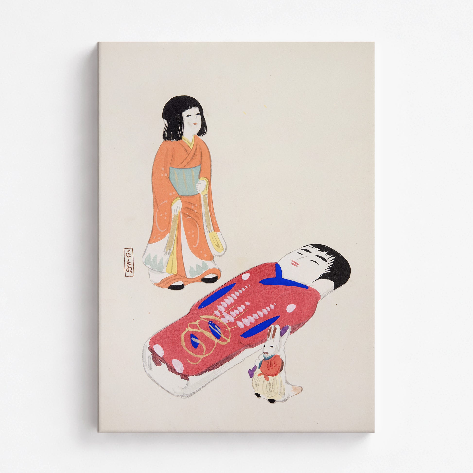 Kawasaki Kyosen: Kyosen’s Collected Illustrations of Japanese Toys Nr. 34 ("Traditional Japanese Dolls"), 70x100cm Satin Canvas Art Reproduction