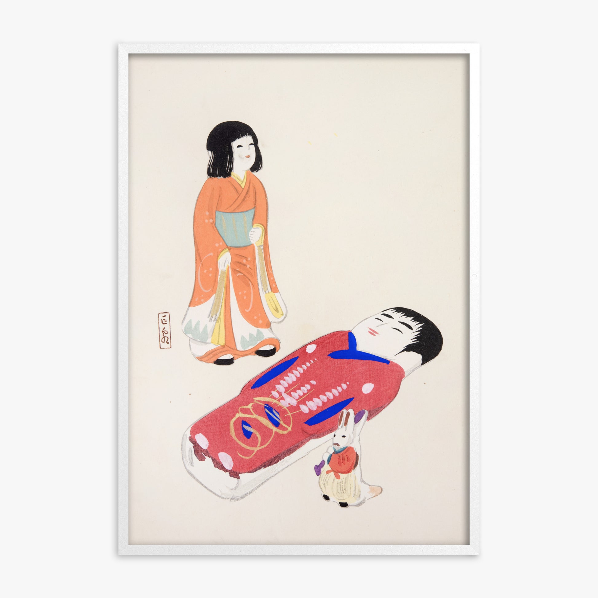 Kawasaki Kyosen: Kyosen’s Collected Illustrations of Japanese Toys Nr. 34 ("Traditional Japanese Dolls"), White Framed Art Reproduction With White Frame