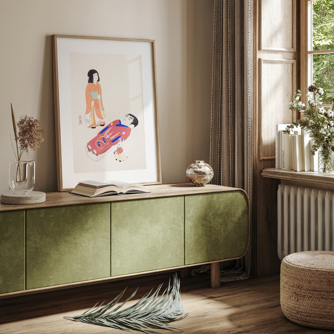 Kawasaki Kyosen: Kyosen’s Collected Illustrations of Japanese Toys Nr. 34 ("Traditional Japanese Dolls"), 50x70cm Framed Art Reproduction With Black Frame