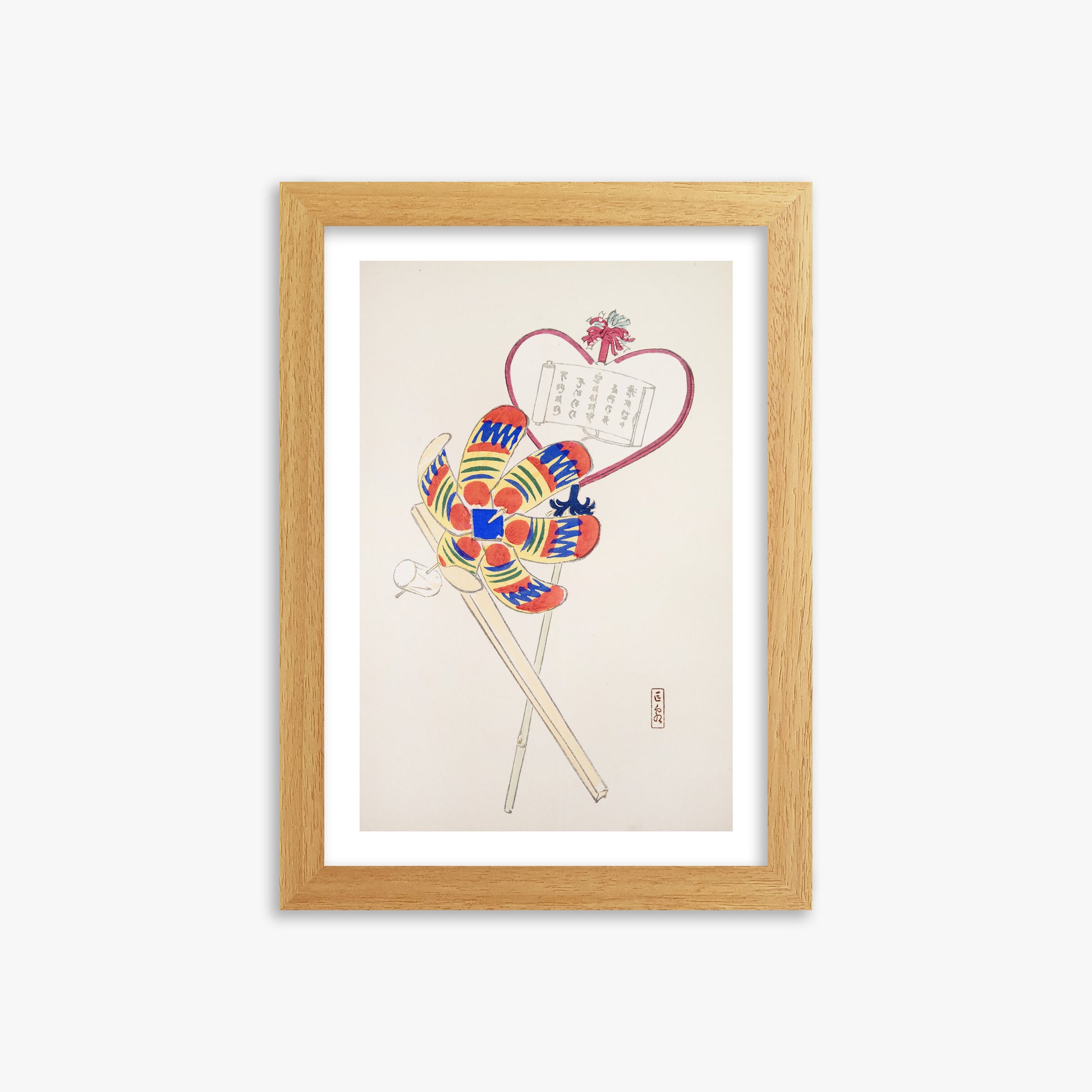 Kawasaki Kyosen: Kyosen’s Collected Illustrations of Japanese Toys Nr. 35 ("Traditional Harmony Windmill"), 21x30cm Framed Art Reproduction With Oak Frame