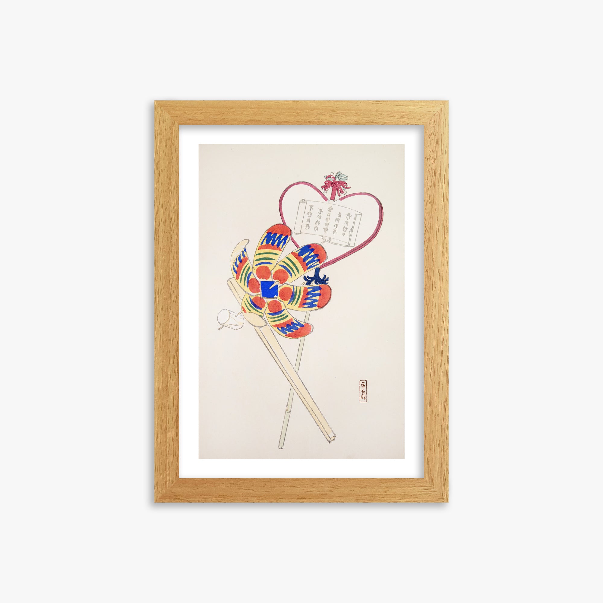 Kawasaki Kyosen: Kyosen’s Collected Illustrations of Japanese Toys Nr. 35 ("Traditional Harmony Windmill"), 21x30cm Framed Art Reproduction With Oak Frame