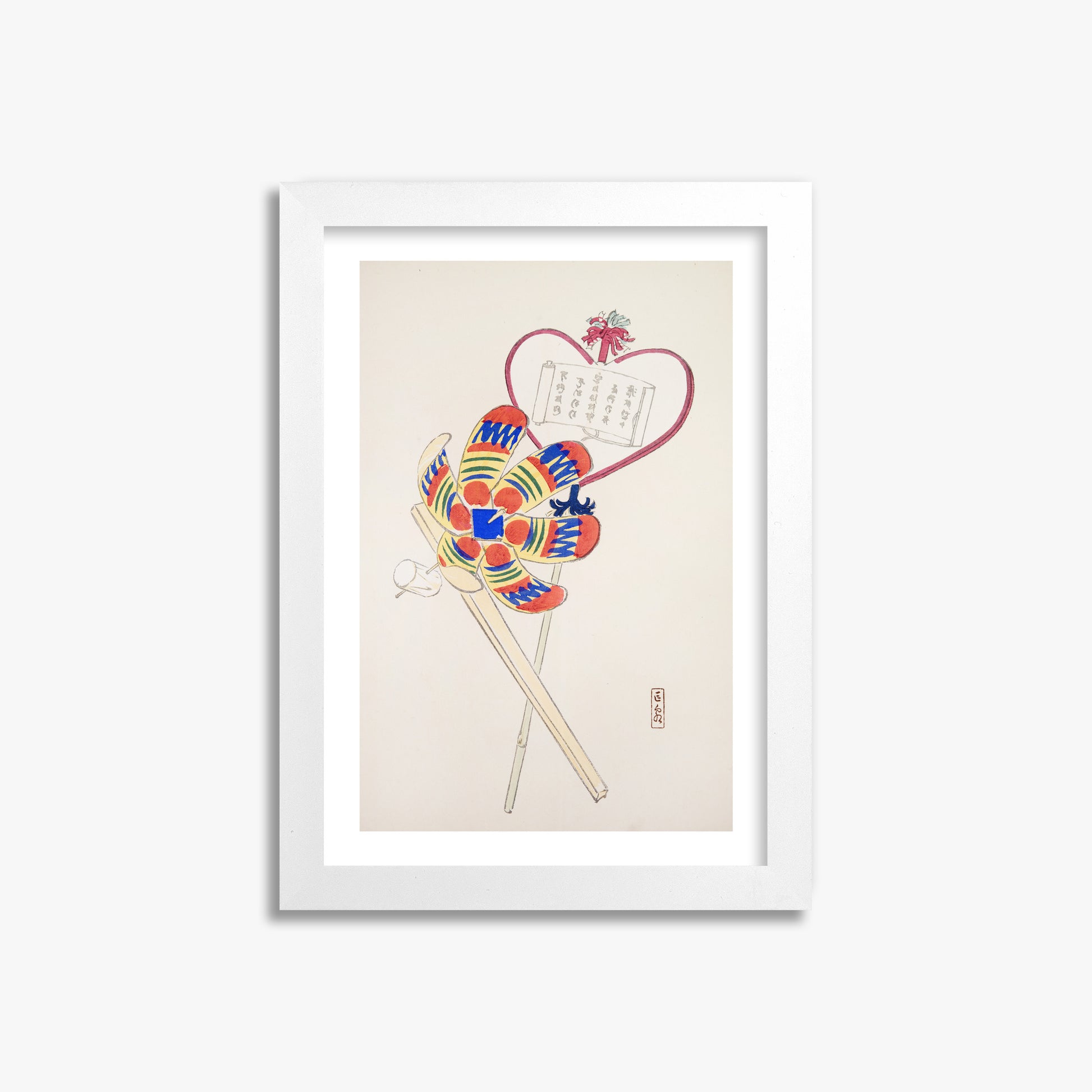 Kawasaki Kyosen: Kyosen’s Collected Illustrations of Japanese Toys Nr. 35 ("Traditional Harmony Windmill"), 21x30cm Framed Art Reproduction With White Frame