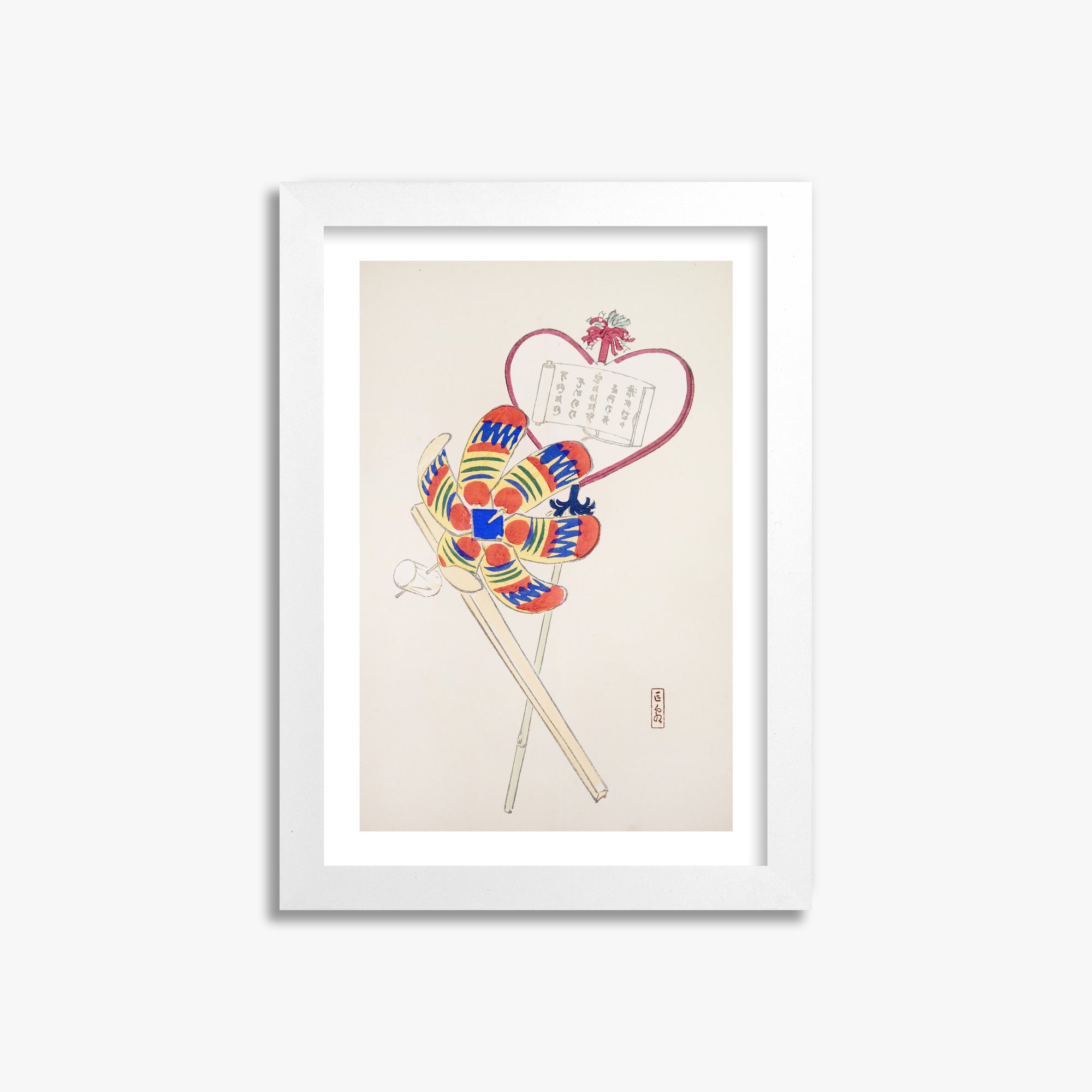 Kawasaki Kyosen: Kyosen’s Collected Illustrations of Japanese Toys Nr. 35 ("Traditional Harmony Windmill"), 21x30cm Framed Art Reproduction With White Frame