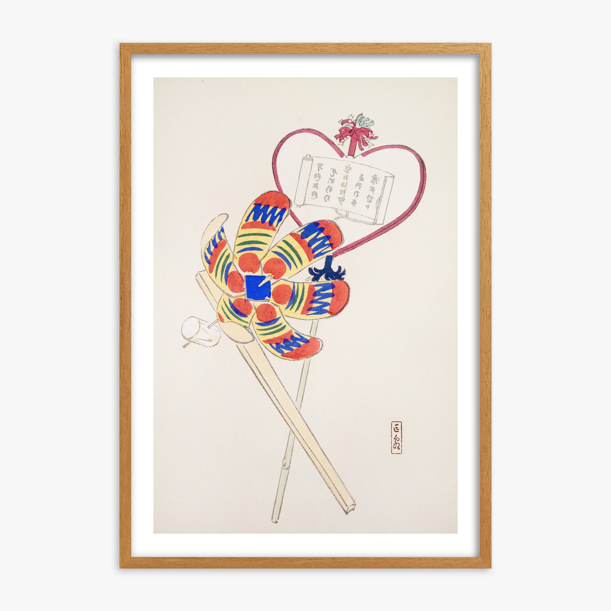 Kawasaki Kyosen: Kyosen’s Collected Illustrations of Japanese Toys Nr. 35 ("Traditional Harmony Windmill"), 70x100cm Framed Art Reproduction With Oak Frame