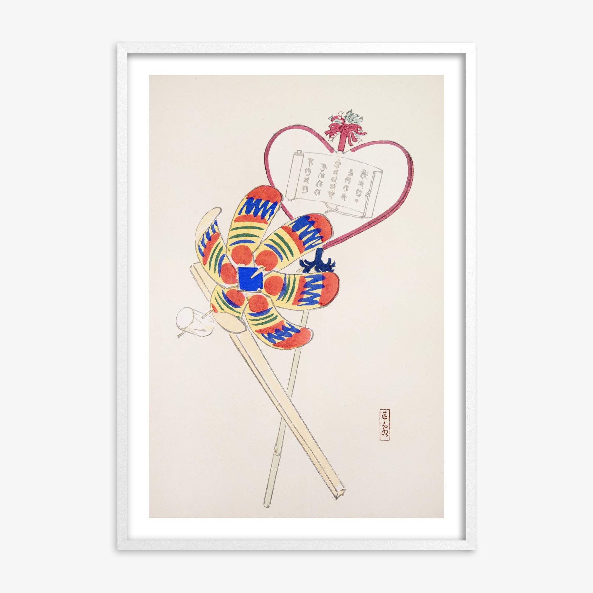 Kawasaki Kyosen: Kyosen’s Collected Illustrations of Japanese Toys Nr. 35 ("Traditional Harmony Windmill"), 70x100cm Framed Art Reproduction With White Frame