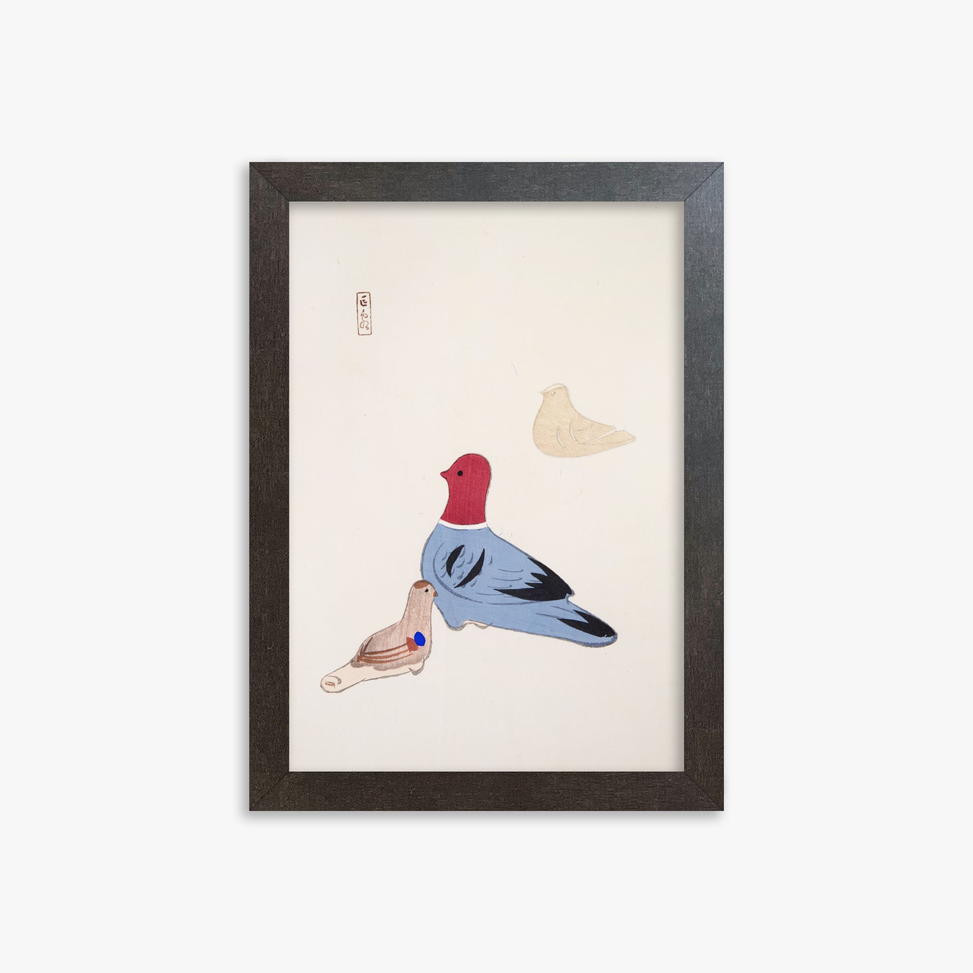 Kawasaki Kyosen: Kyosen’s Collected Illustrations of Japanese Toys Nr. 36 ("Serene Aviary Trio"), 21x30cm Framed Art Reproduction With Espresso Frame