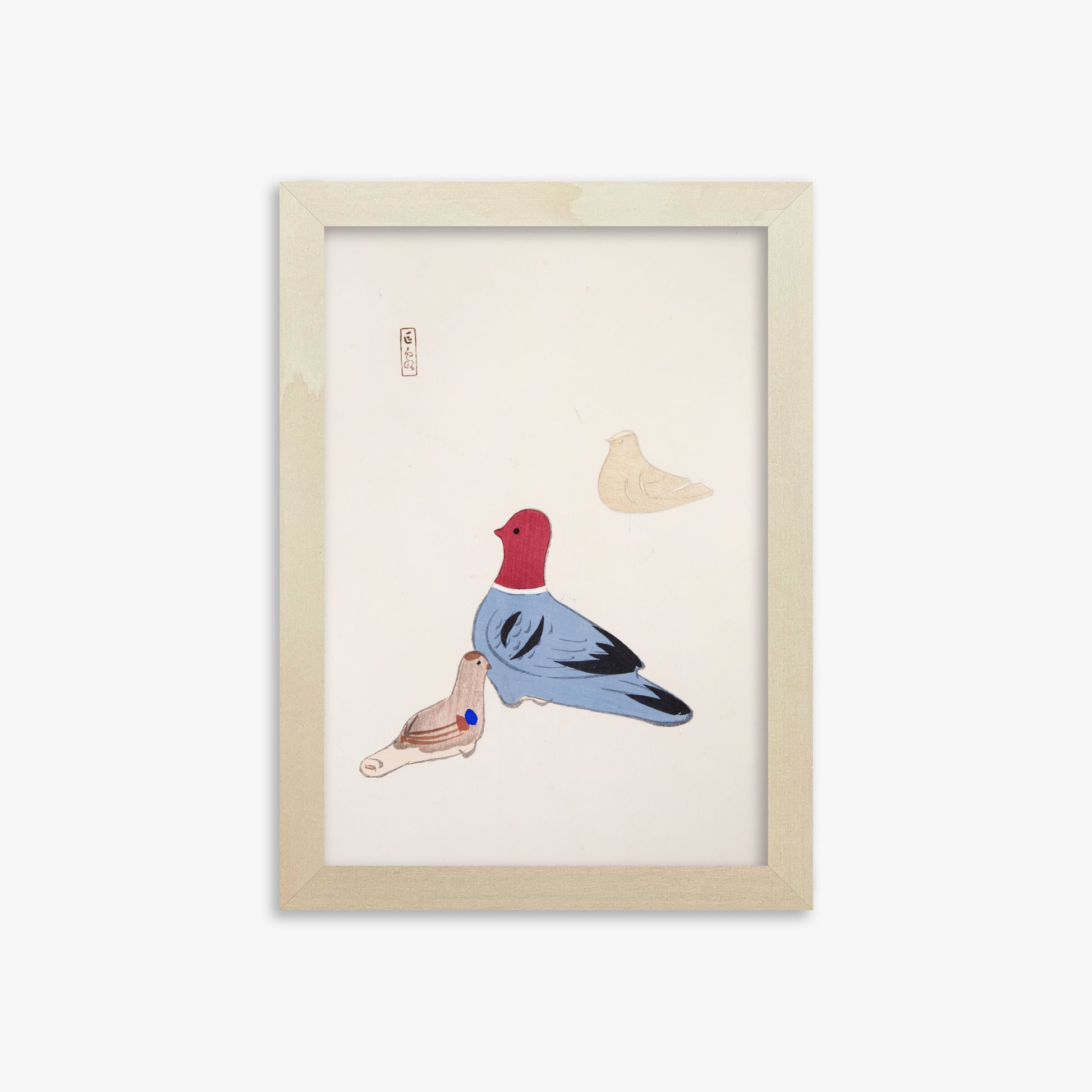Kawasaki Kyosen: Kyosen’s Collected Illustrations of Japanese Toys Nr. 36 ("Serene Aviary Trio"), 21x30cm Framed Art Reproduction With Lime Wood Frame